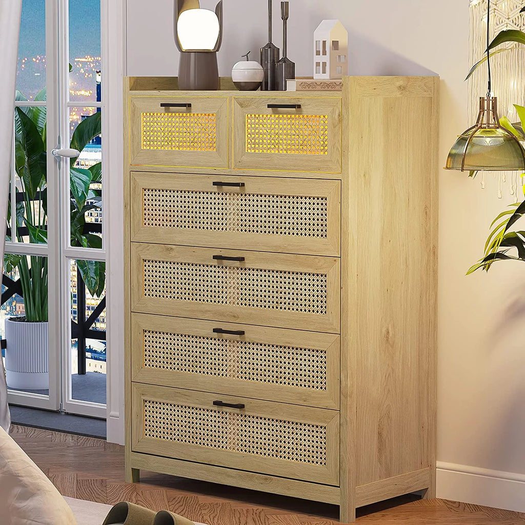 7 Drawer Dressers with LED Light, Natural Rattan Dresser for Bedroom, Hallway, Entryway