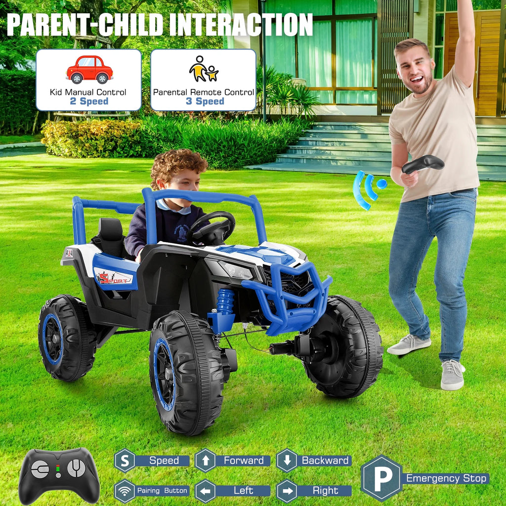 Funcid 4WD 24V Ride on Toys 2 XL Seater Kids Ride on Cars w/ Remote Control, 4*200W Motor, Electric Off-Road UTV 7AH Battery Powered 4-Wheeler Vehicle w/ Bluetooth, Music, 3-Speed, LED Light, Blue
