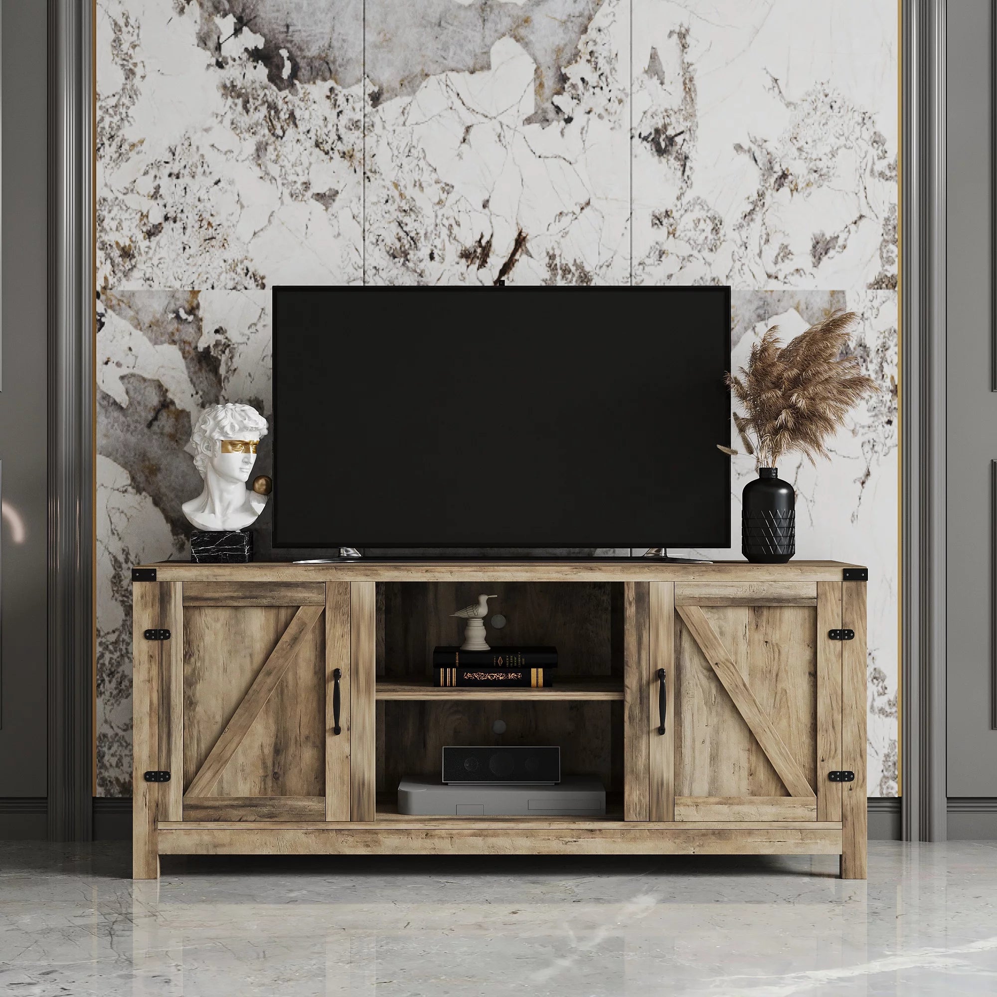 Vebreda Modern Farmhouse TV Stand Rustic Barn Two-Door TV Cabinet for TVs up to 65", Gray Wash