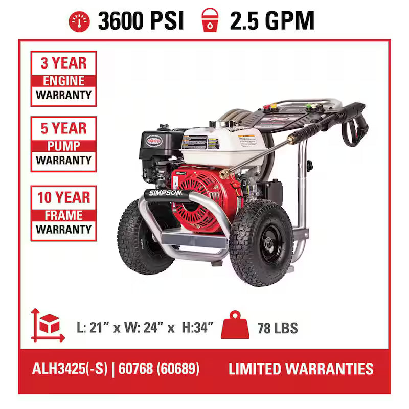 3600 PSI 2.5 GPM Cold Water Gas Pressure Washer with HONDA GX200 Engine