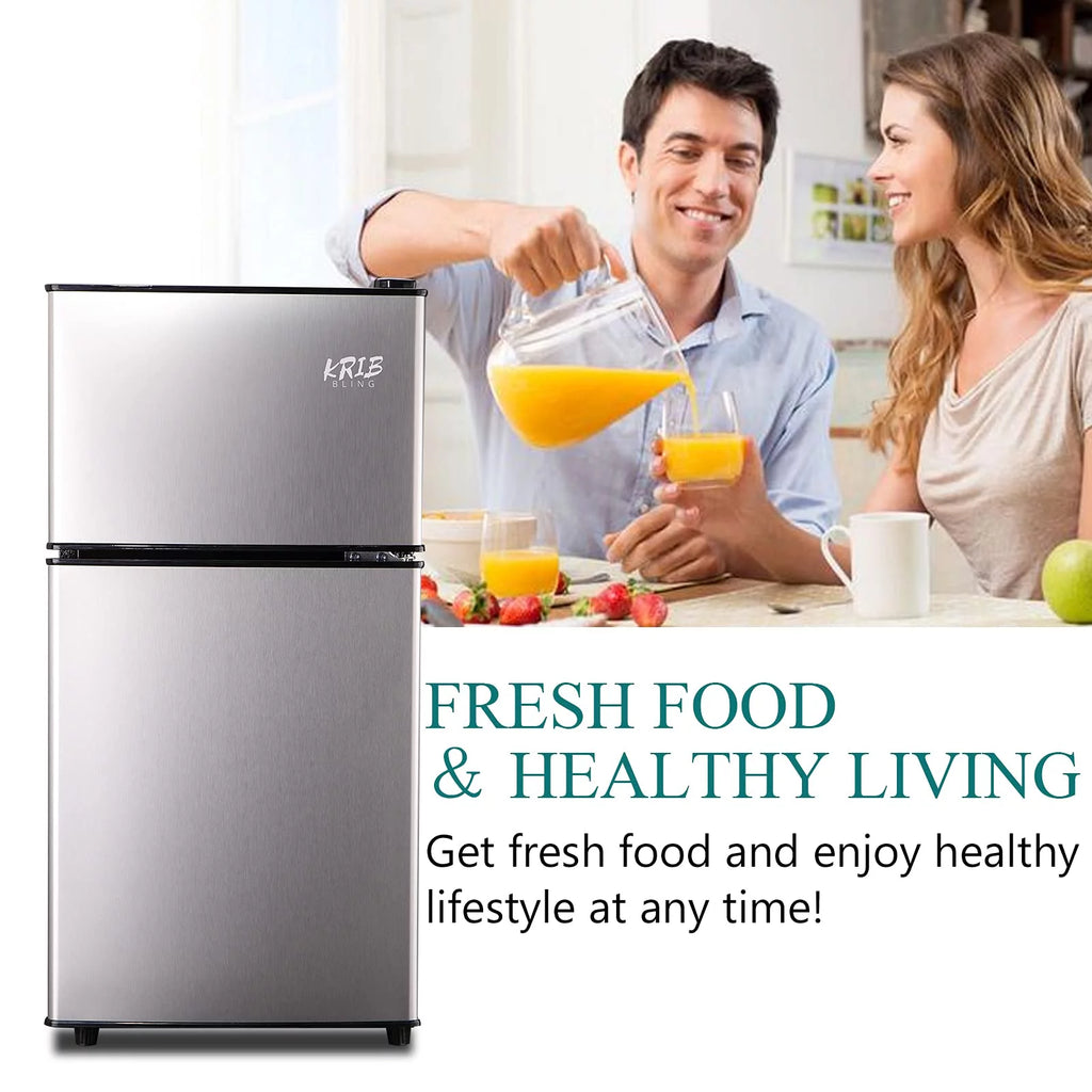 KRIB BLING 3.5 Cu.ft Compact Refrigerator Mini Fridge with Freezer, 2 Door Small Refrigerator for Office, Silver
