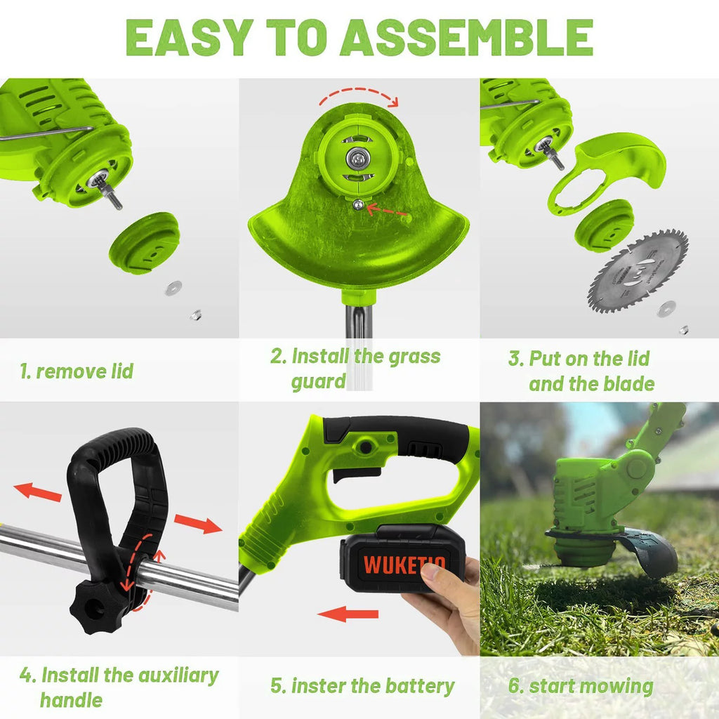 WUKETIN Cordless Grass String Trimmer, Lightweight Weed Eater, 21V Electric Lawn Edger with 2 Battery, Wheel, 11 Blades