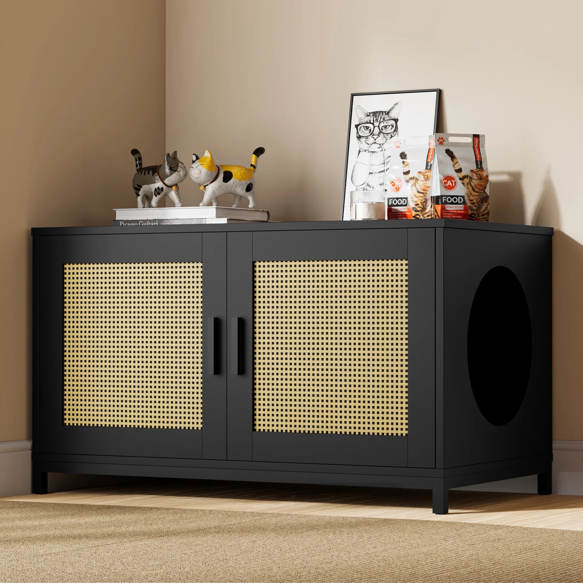 Cozy Castle Hidden Cat Litter Box Enclosure, Rattan Cat Litter Box Furniture with Doors, Indoor Cat House for Large Cats, Wood Pet Washroom, Pet Cabinet Furniture as TV Stand, Storage Cabinet, Black