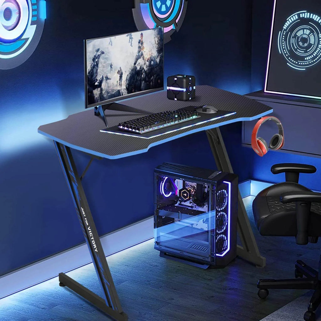 39.4 inch Gaming Desk Z-Shaped Computer Desk with Headphone Hook, Ergonomic Home Office Desks for Small Places PC Gamer Workstation, Blue