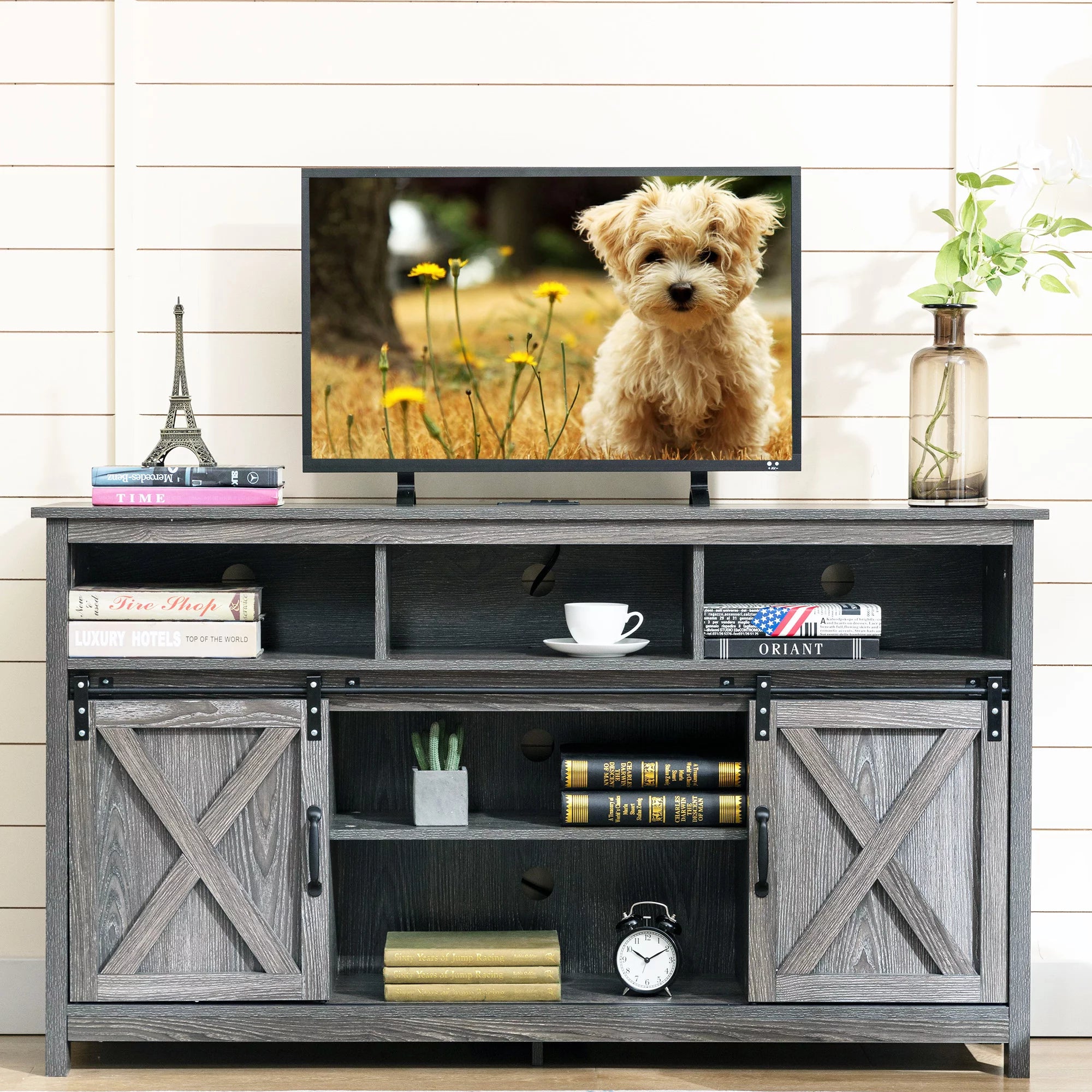 4 Layer Farmhouse Coffee Bar Cabinet With Power Outlet & LED Light, 57" Barn Door Buffet Cabinet Kitchen Storage With Adjustable Shelves(Brown)