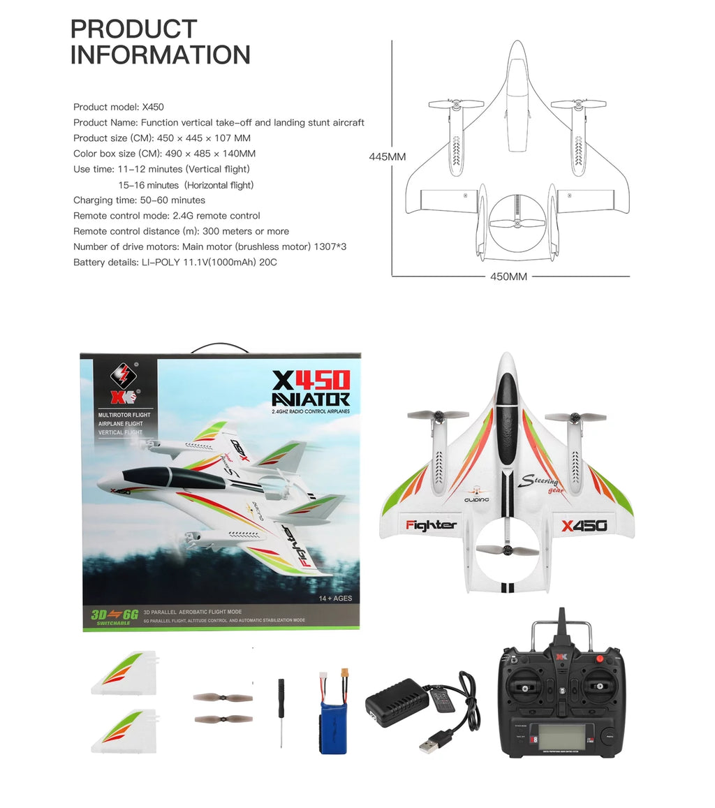 TOPTENG WLtoys XK X450 RC Airplane, 2.4G Remote Control 6 Channel Brushless Motor Aircraft, Vertical Takeoff LED RC Glider Fixed Wing Plane RTF