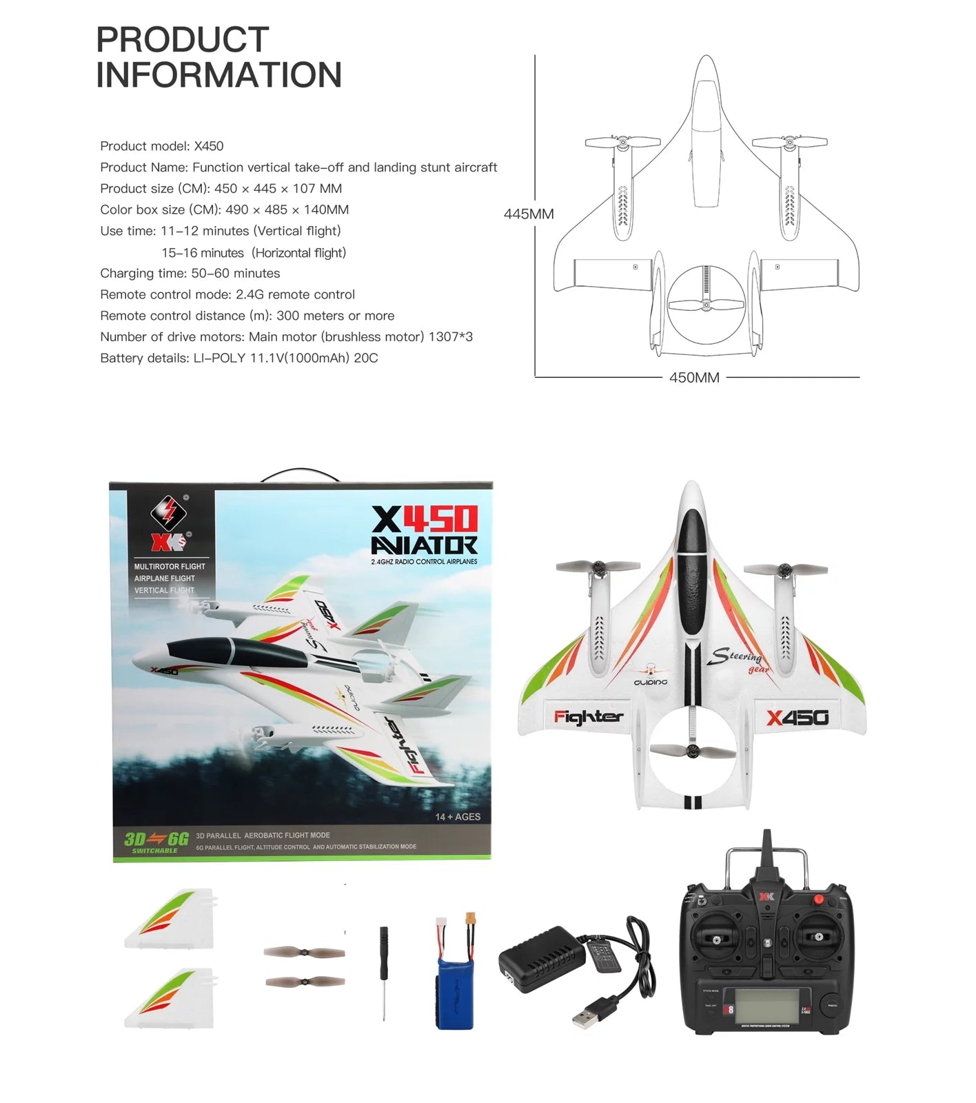 TOPTENG WLtoys XK X450 RC Airplane, 2.4G Remote Control 6 Channel Brushless Motor Aircraft, Vertical Takeoff LED RC Glider Fixed Wing Plane RTF