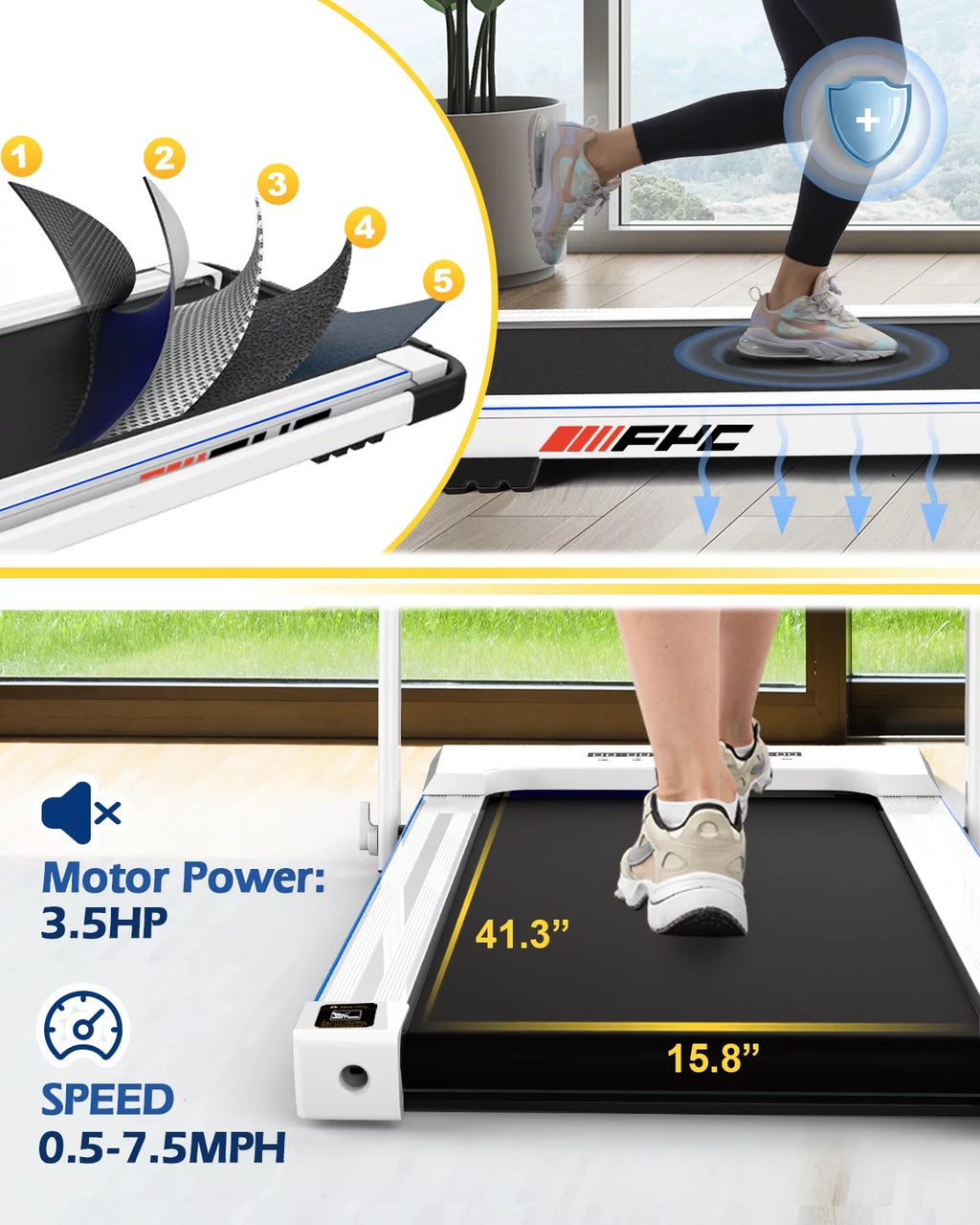FYC 3.5HP Under Desk Treadmill - 300LBS Weight Capacity, 2-in-1 Foldable Design, Remote Control & LED Display - Compact Electric Walking and Running Machine for Walking, Running, Jogging (White)