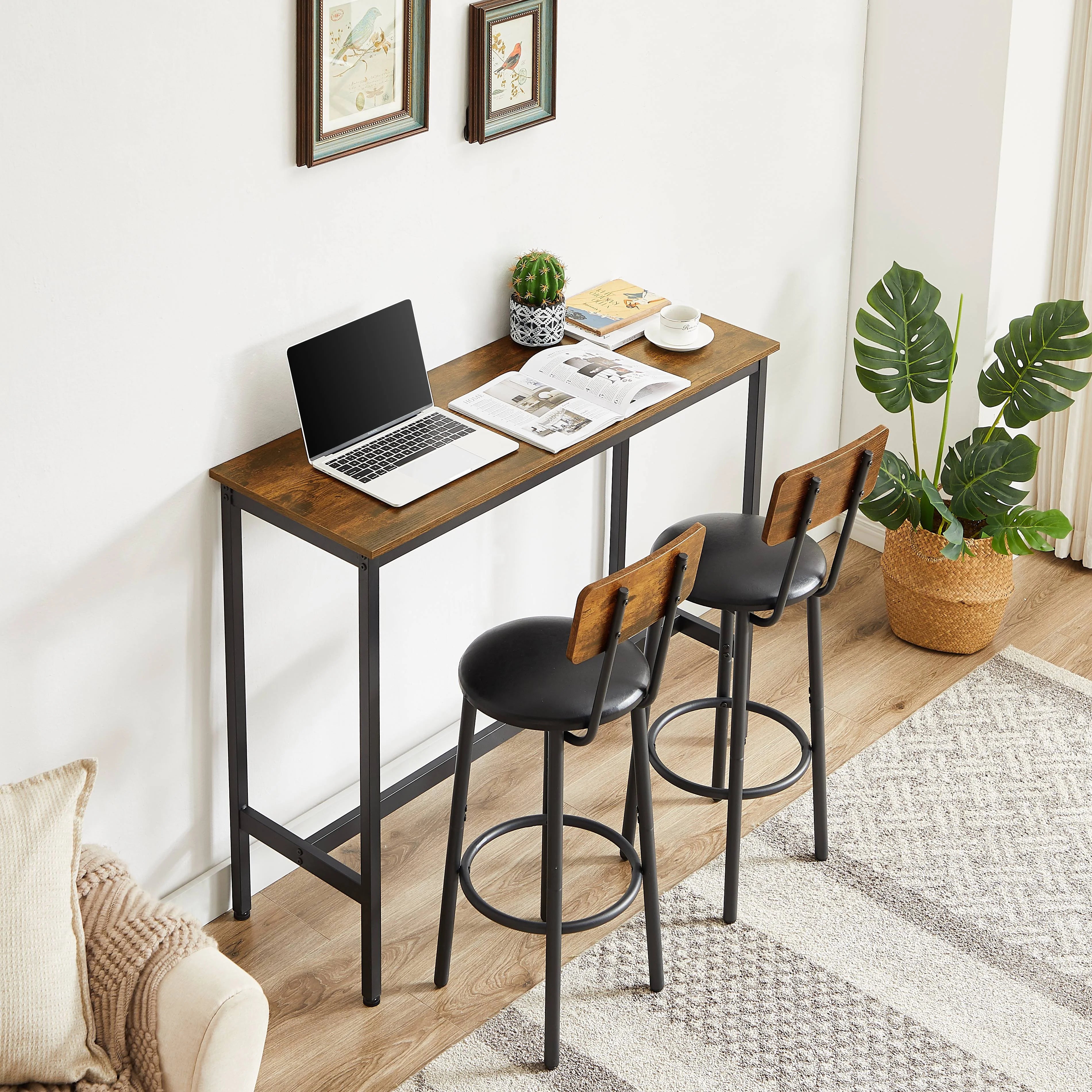 5 Piece Bar Table Set, Modern Counter Height Dining Set, Home Dining Table and Chairs Set for 4, Kitchen Breakfast Table Set with 4 Cushioned Stools, Bistro Pub Table Set, Rustic Brown