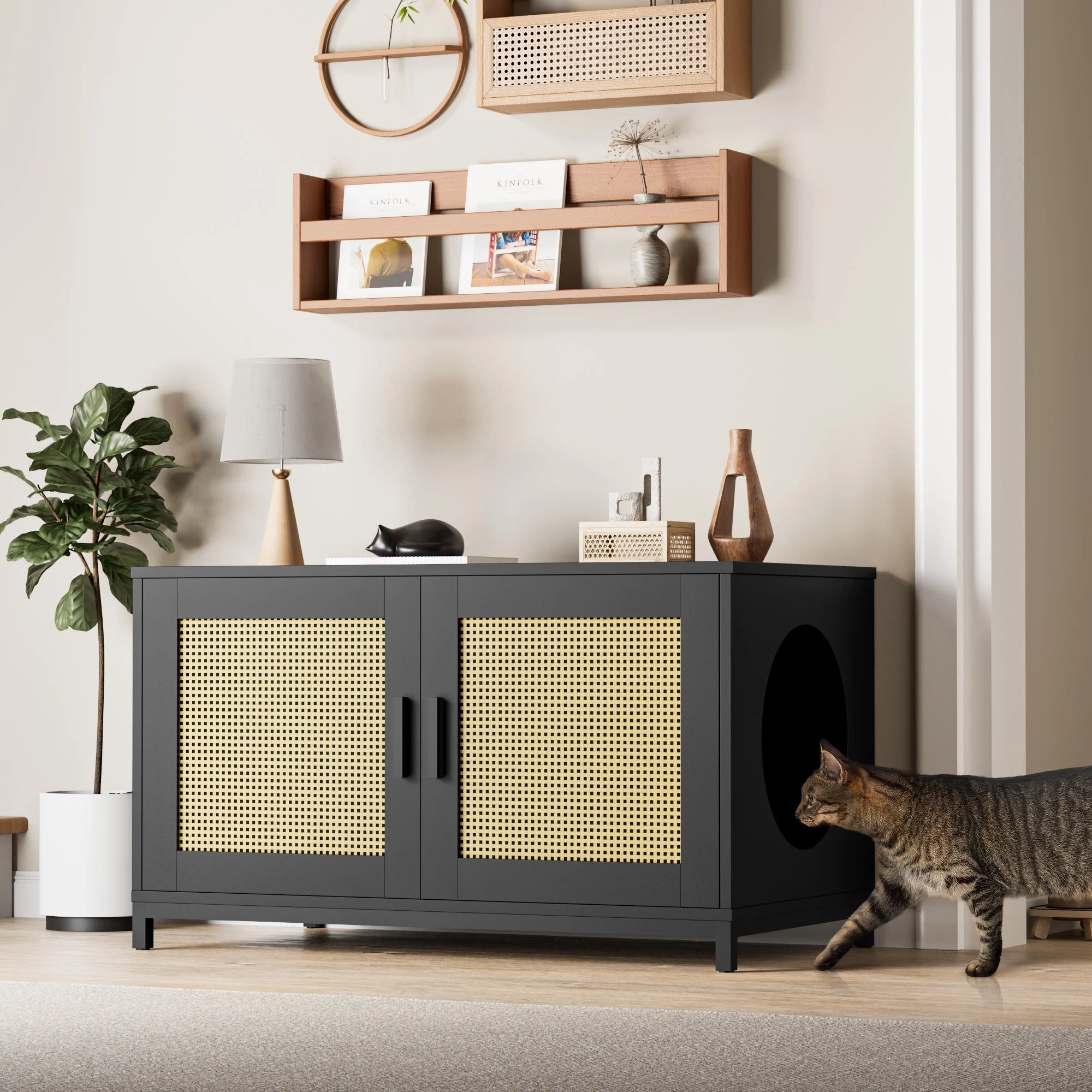 Cozy Castle Hidden Cat Litter Box Enclosure, Rattan Cat Litter Box Furniture with Doors, Indoor Cat House for Large Cats, Wood Pet Washroom, Pet Cabinet Furniture as TV Stand, Storage Cabinet, Black