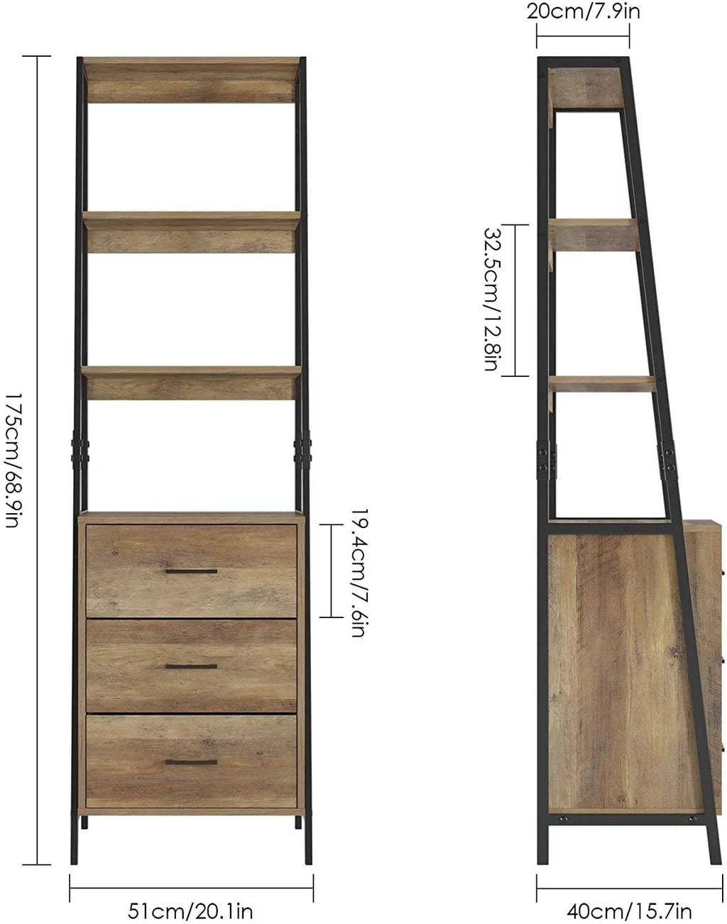Homfa 3 Drawers Ladder Bookshelf, 3 Tier Open Storage Shelves for Office Living Room, Rustic Brown