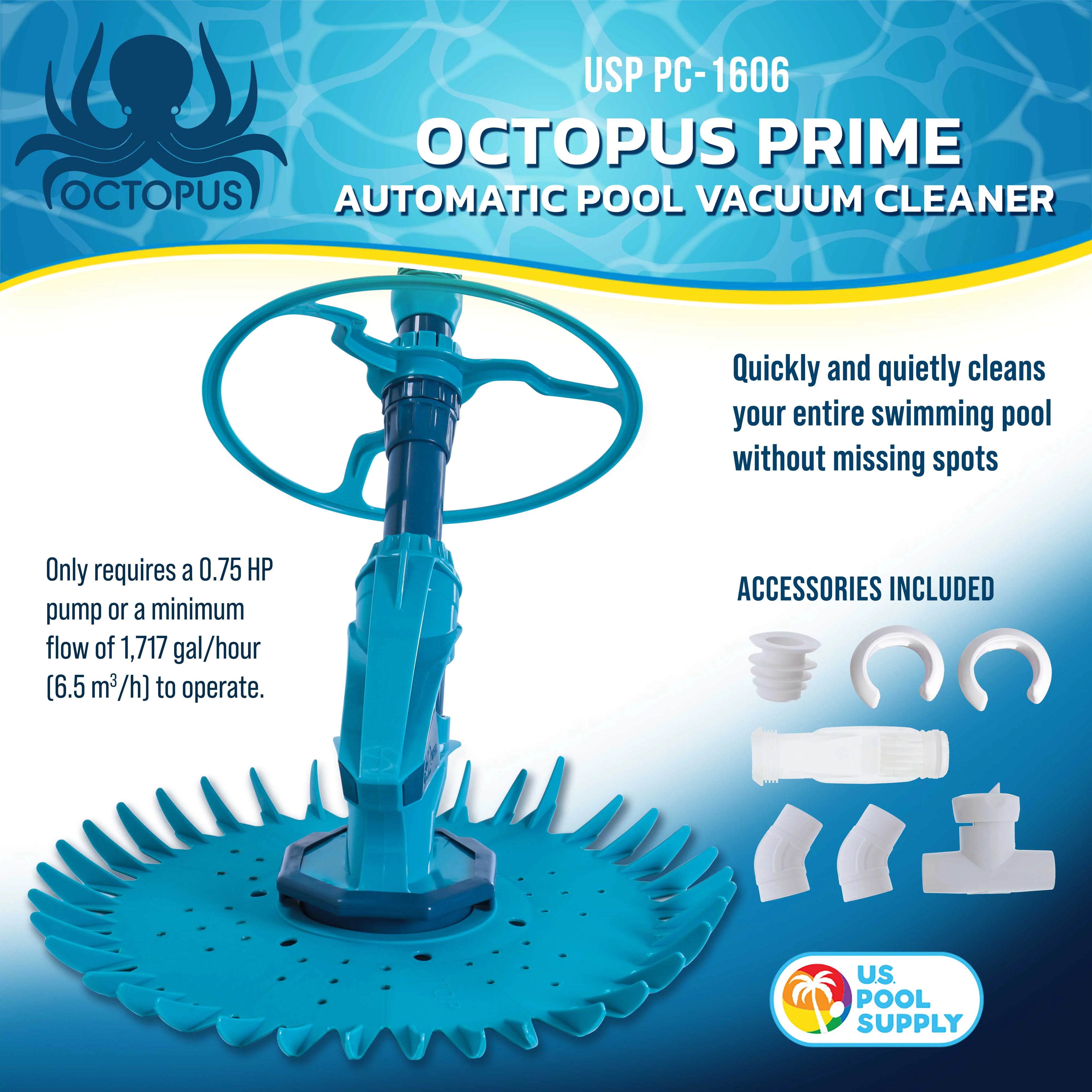 U.S. Pool Supply Octopus Prime Automatic Pool Vacuum Cleaner & Hose Set - Powerful Suction that Removes Swimming Pool Debris, Cleans Floors, Walls, Steps - Quiet Fast Cleaning Side Climbing Sweeper