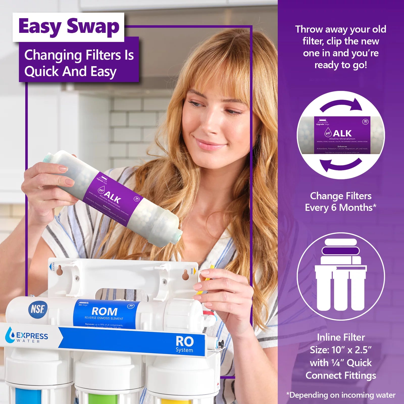Express Water – Alkaline Filter 2 Pack – Mineral, Antioxidant, pH + Water Filter Replacement – 10 inch Inline Quick Connect Filter – Under Sink and Reverse Osmosis System