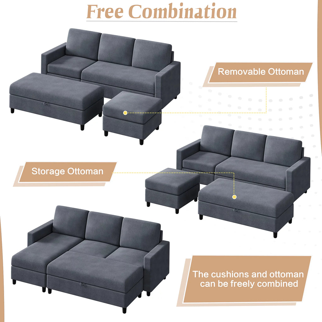 Walsunny Linen Fabric Convertible L-Shaped Sectional Sofa(Dark Gray)