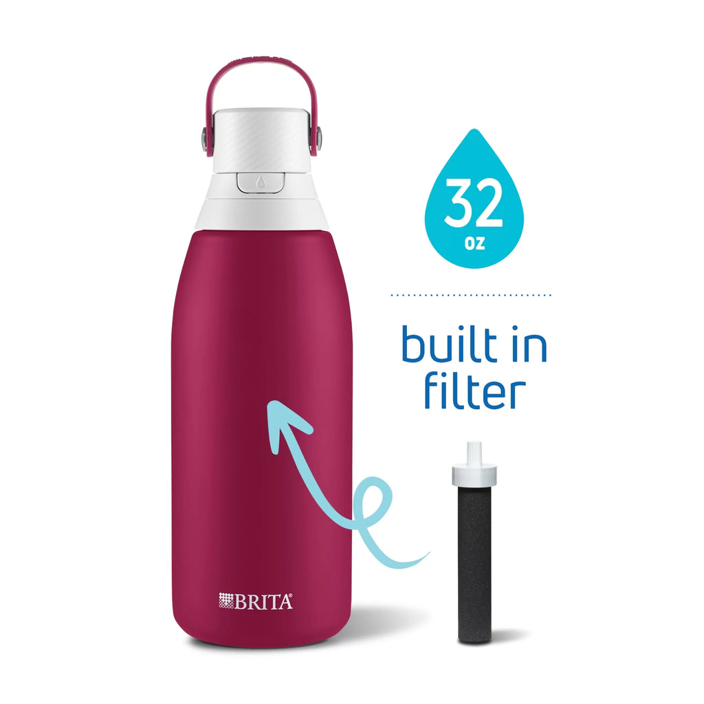 Brita 32 oz Ruby Premium Stainless Steel Leak Proof Filtered Insulated Water Bottle with Straw