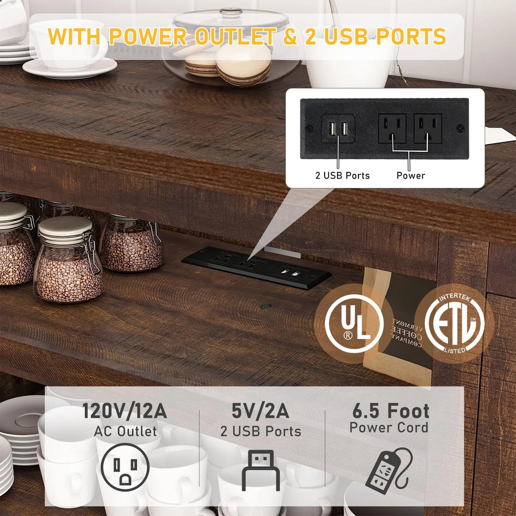 4 Layer Farmhouse Coffee Bar Cabinet With Power Outlet & LED Light, 57" Barn Door Buffet Cabinet Kitchen Storage With Adjustable Shelves(Brown)