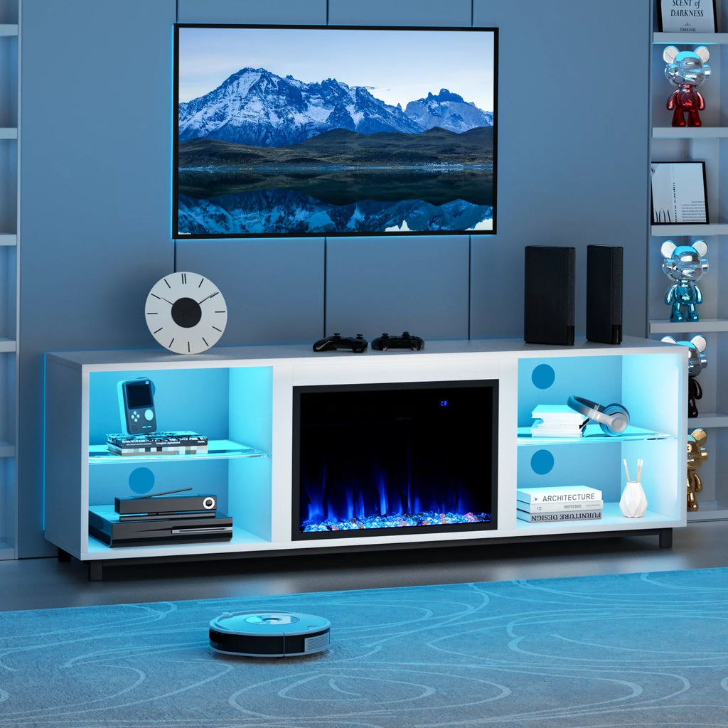 Oneinmil 68'' Fireplace TV Stand for 75'' TV, with 23" Electric Fireplace, LED Light Entertainment Center, White