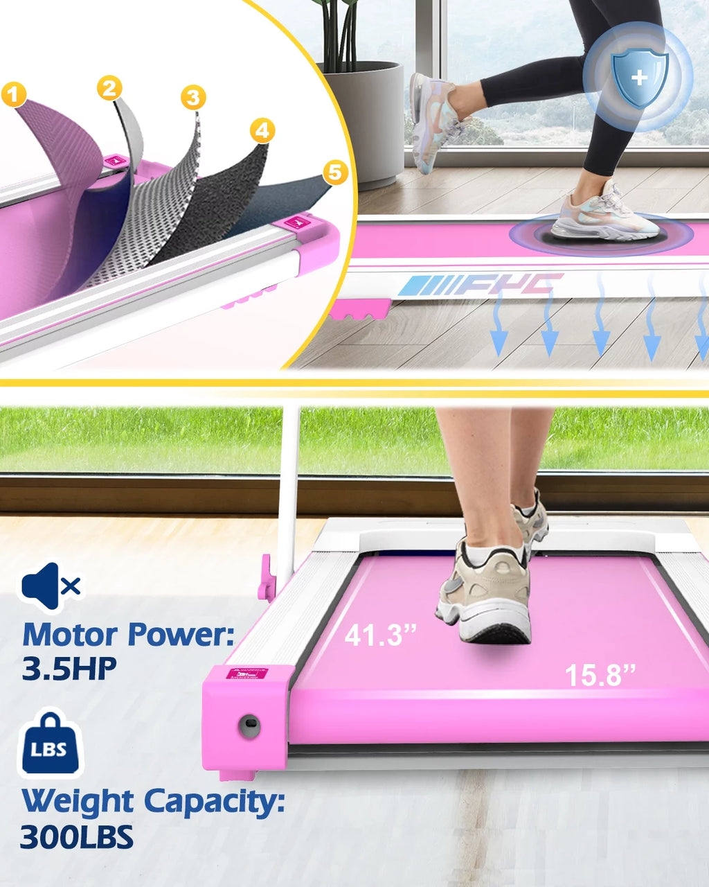 FYC 3.5HP Under Desk Treadmill - 300LBS Weight Capacity, 2-in-1 Foldable Design, Remote Control & LED Display - Compact Electric Walking and Running Machine for Walking, Running, Jogging (White)