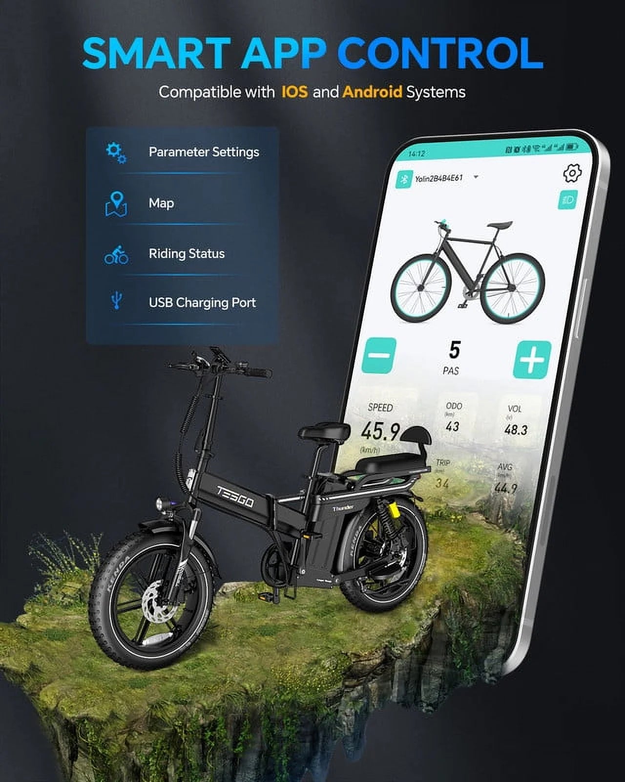TESGO 48V 60AH Electric Bike for Adults 160 Miles Long Range Electric Bike 750W w/APP Control, Patented Design Step-over Folding Electric Bike Air-Pressure Full Suspension 20’’ x 4.0’’ Fat Tire Ebike