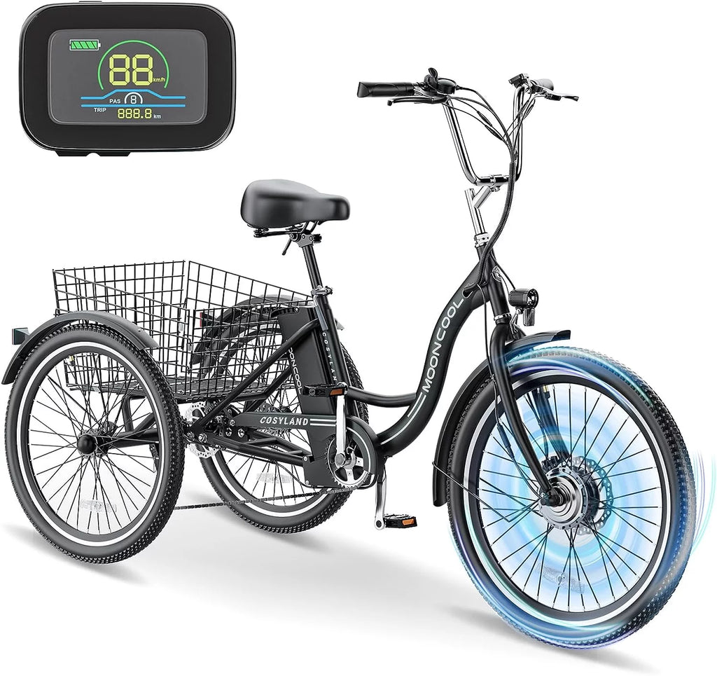 Mooncool 24" 26" 3 Wheel Electric Tricycle for Adults, 350W 36V 7 Speeds Motorized Electric Trike Three Wheel Electric Bikes Bicycle with Large Basket & Accessories for Women Men