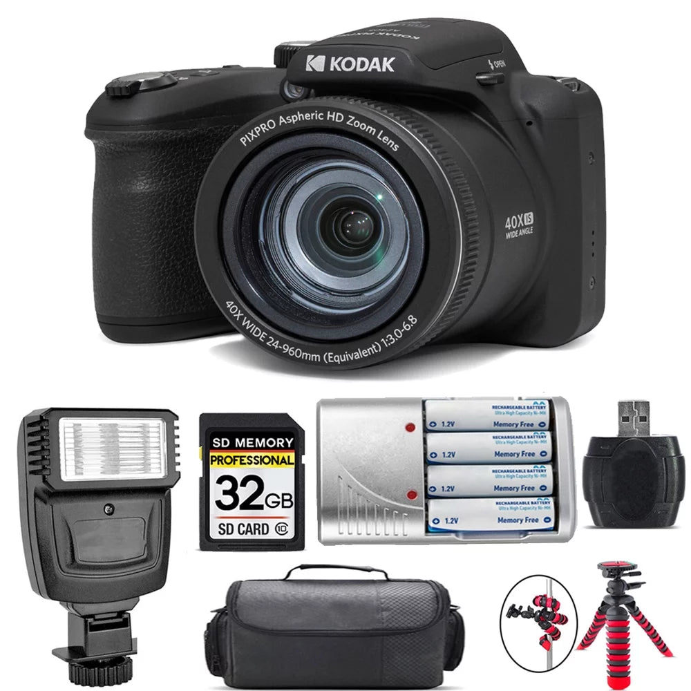 Kodak PIXPRO AZ405 Digital Camera (Black) + Extra Battery + Flash - 32GB Kit