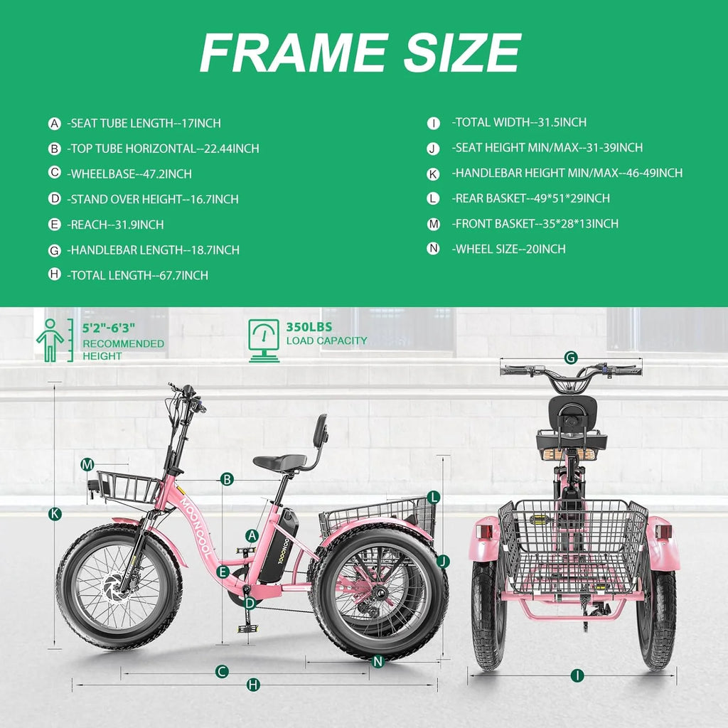 Mooncool 24" 26" 3 Wheel Electric Tricycle for Adults, 350W 36V 7 Speeds Motorized Electric Trike Three Wheel Electric Bikes Bicycle with Large Basket & Accessories for Women Men