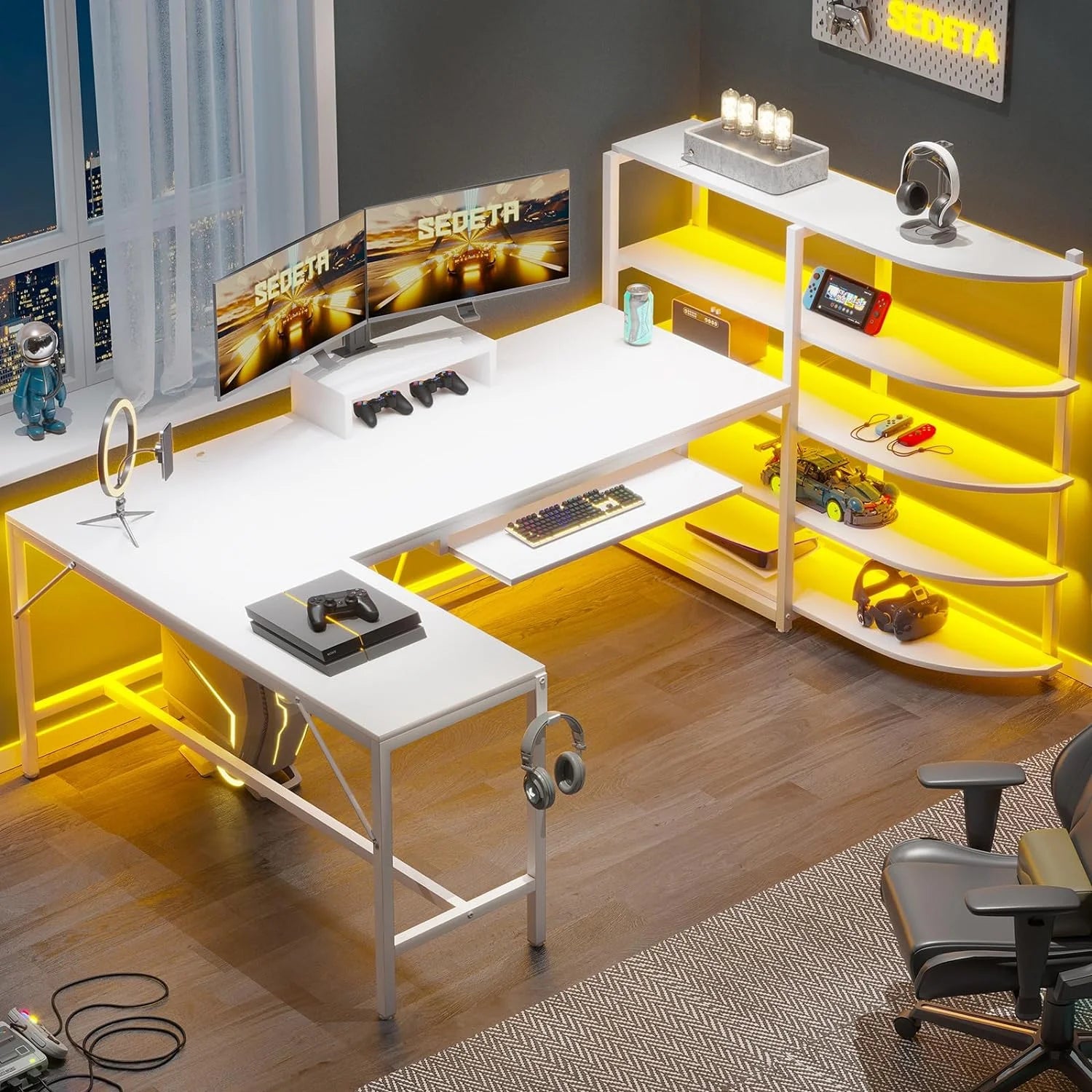 U-SHARE  L Shaped Computer Desk, 63'' Desk with Storage Shelves, Keyboard Tray, Monitor Stand and Headphone Hook, Corner Gaming Desk with LED Lights,