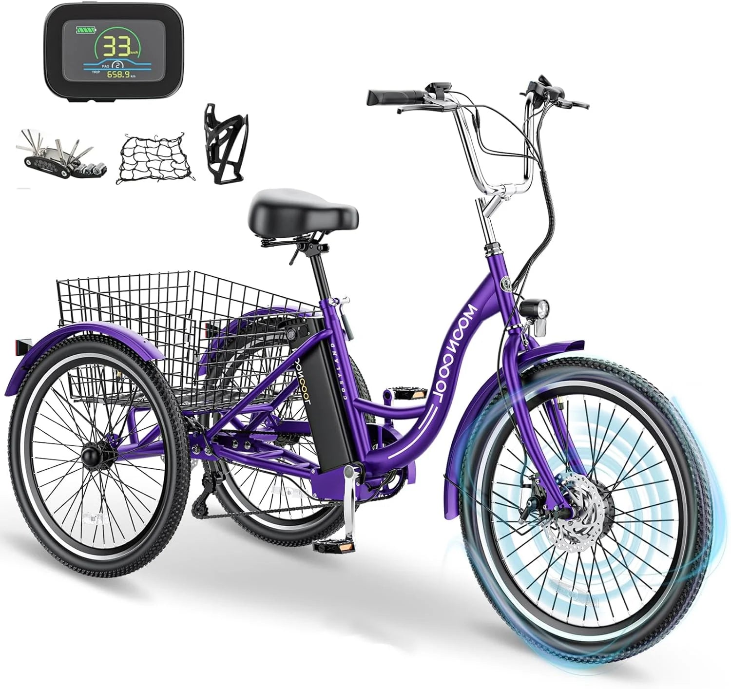 Mooncool 24" 26" 3 Wheel Electric Tricycle for Adults, 350W 36V 7 Speeds Motorized Electric Trike Three Wheel Electric Bikes Bicycle with Large Basket & Accessories for Women Men