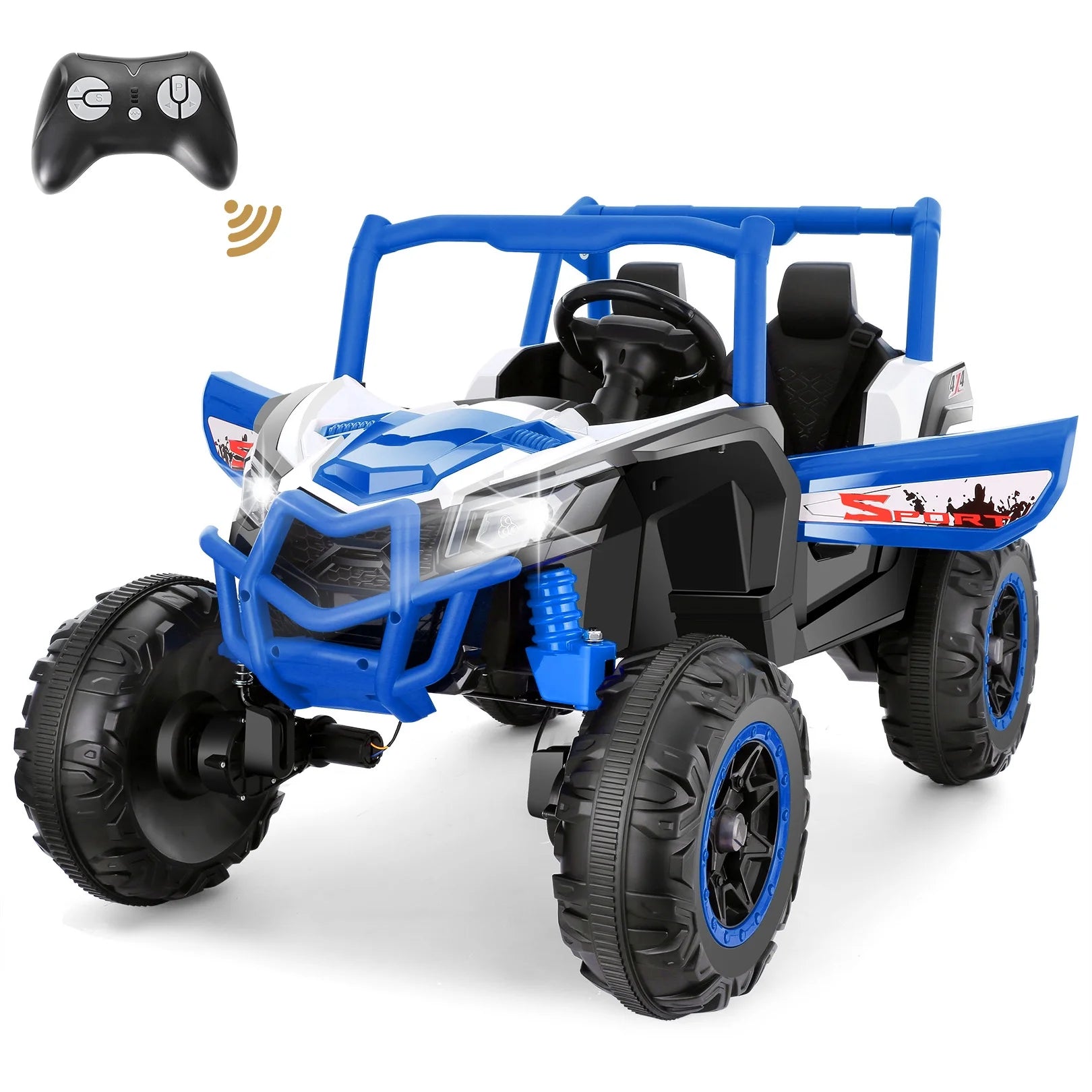 Funcid 4WD 24V Ride on Toys 2 XL Seater Kids Ride on Cars w/ Remote Control, 4*200W Motor, Electric Off-Road UTV 7AH Battery Powered 4-Wheeler Vehicle w/ Bluetooth, Music, 3-Speed, LED Light, Blue