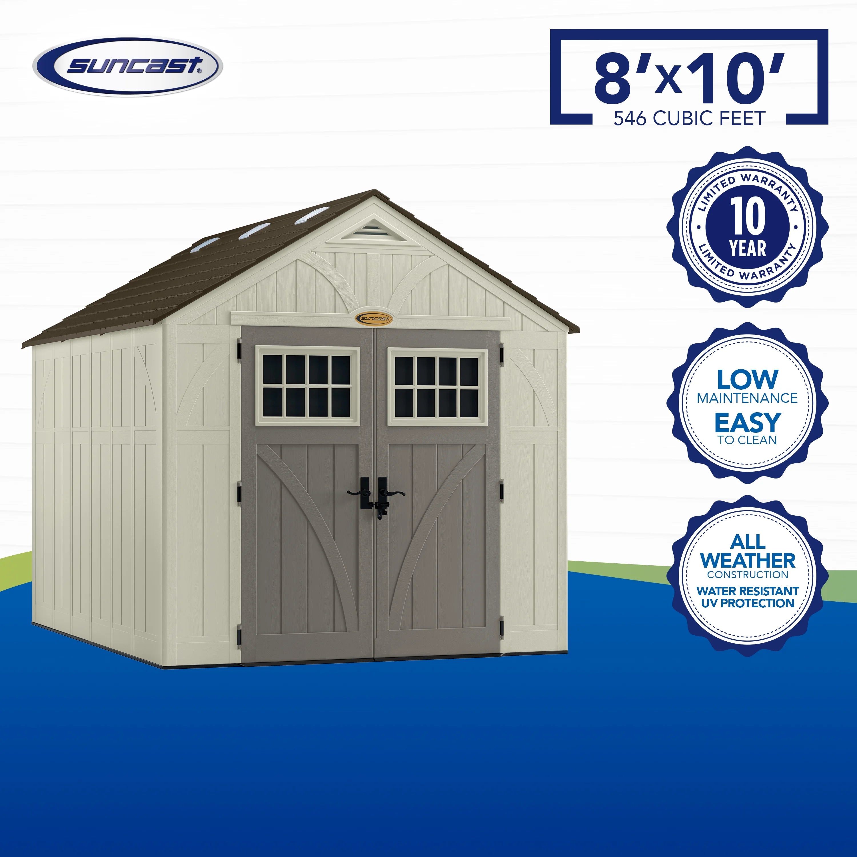 Suncast Metal and Resin Storage Shed, Vanilla, 122.25 in D x 103 in H x 100.5 in W