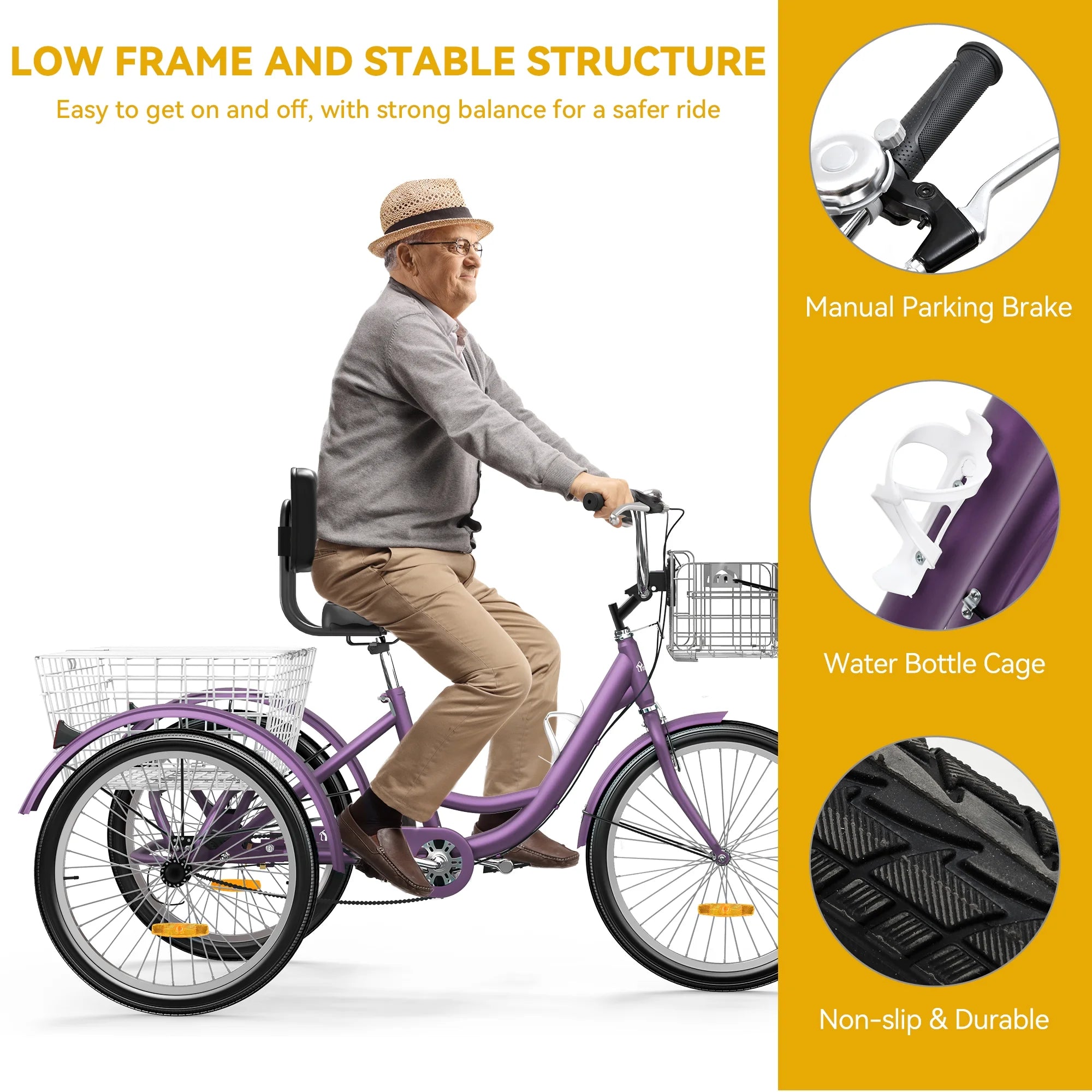 Dextrus Adult Tricycle, 24 Inch 3 Wheel Bikes, 1 Speed Trike Bike for Adults with Removable Baskets, Cruiser Bike for Seniors Women Men Shopping Picnic Outdoor Sports, Purple