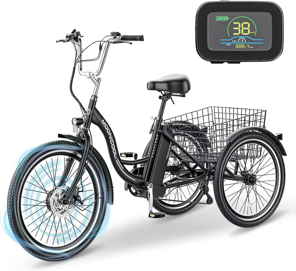 Mooncool 24" 26" 3 Wheel Electric Tricycle for Adults, 350W 36V 7 Speeds Motorized Electric Trike Three Wheel Electric Bikes Bicycle with Large Basket & Accessories for Women Men