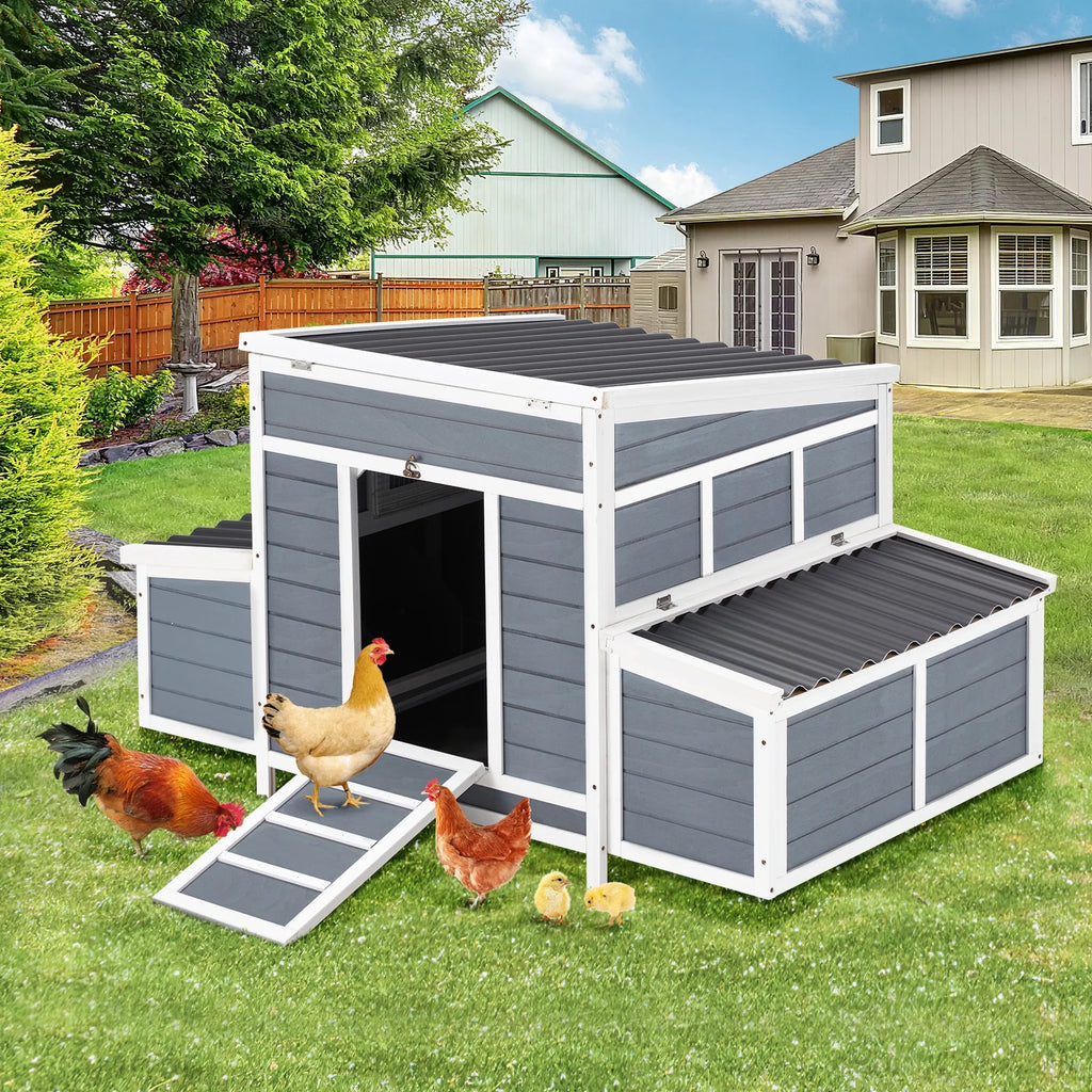 AECOJOY 56 Large Chicken Coop with 6 Nesting Boxes Wooden Hen House Outdoor Chicken Cage Poultry Hutch w/Ramps, Removable Tray for Easy Cleaning