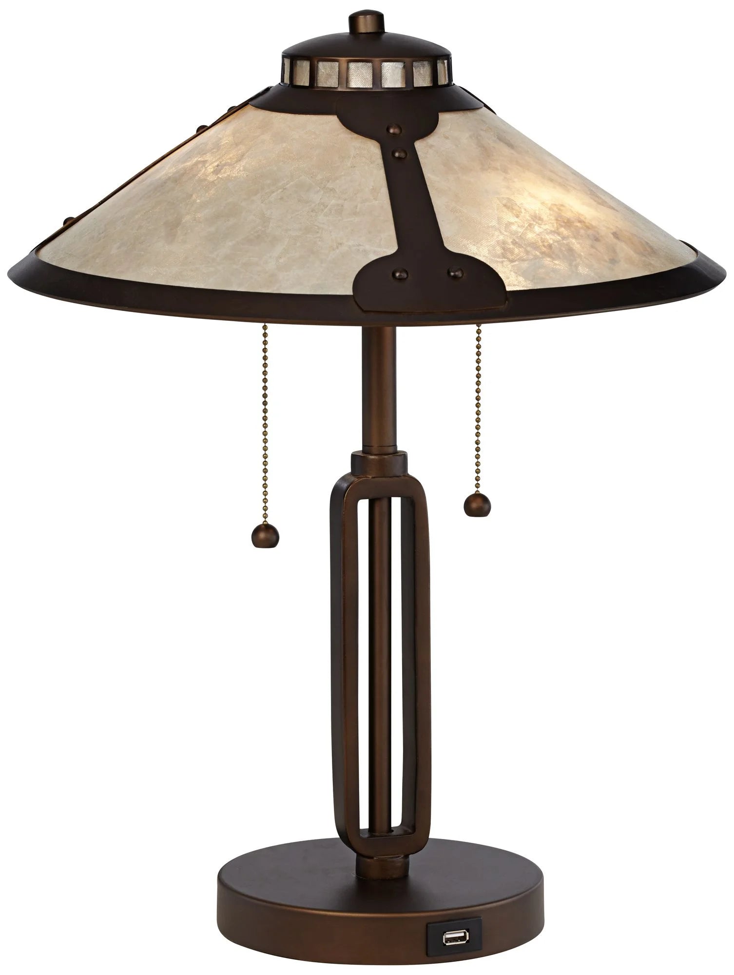 Franklin Iron Works Samuel Mission Desk Table Lamps 20" High Set of 2 Bronze with USB Charging Port Mica Shade for Bedroom Living Room Bedside Desk