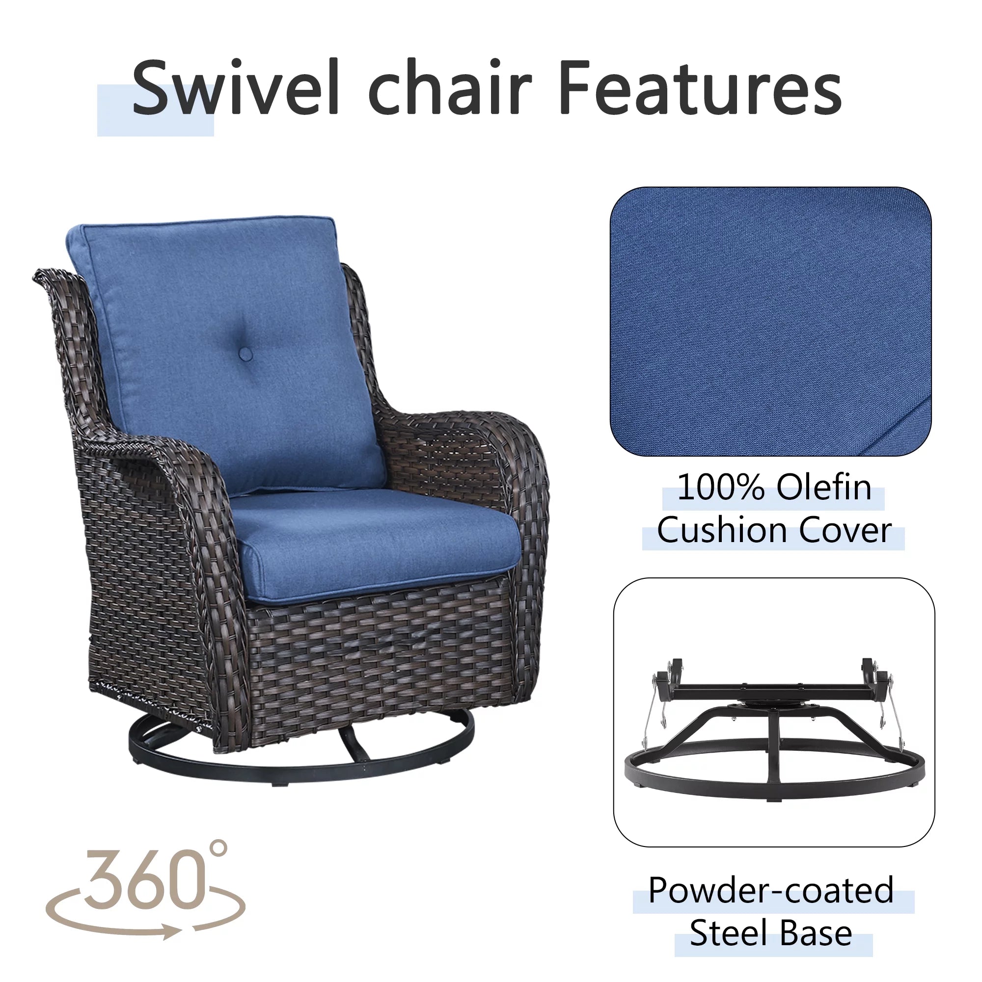PARKWELL 3-Piece Outdoor Swivel Gliders with Side Table - Patio Wicker Bistro Furniture Set for Porch Deck Backyard - Blue Cushioned Swivel Rocking Chairs in Brown Wicker