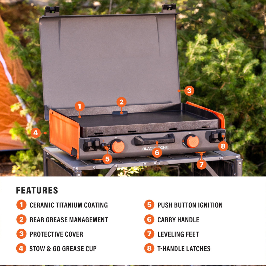 Blackstone Adventure Ready 20"x14" 2-Burner Propane Camping Griddle (Model 2246) with Latching Hood and Handle
