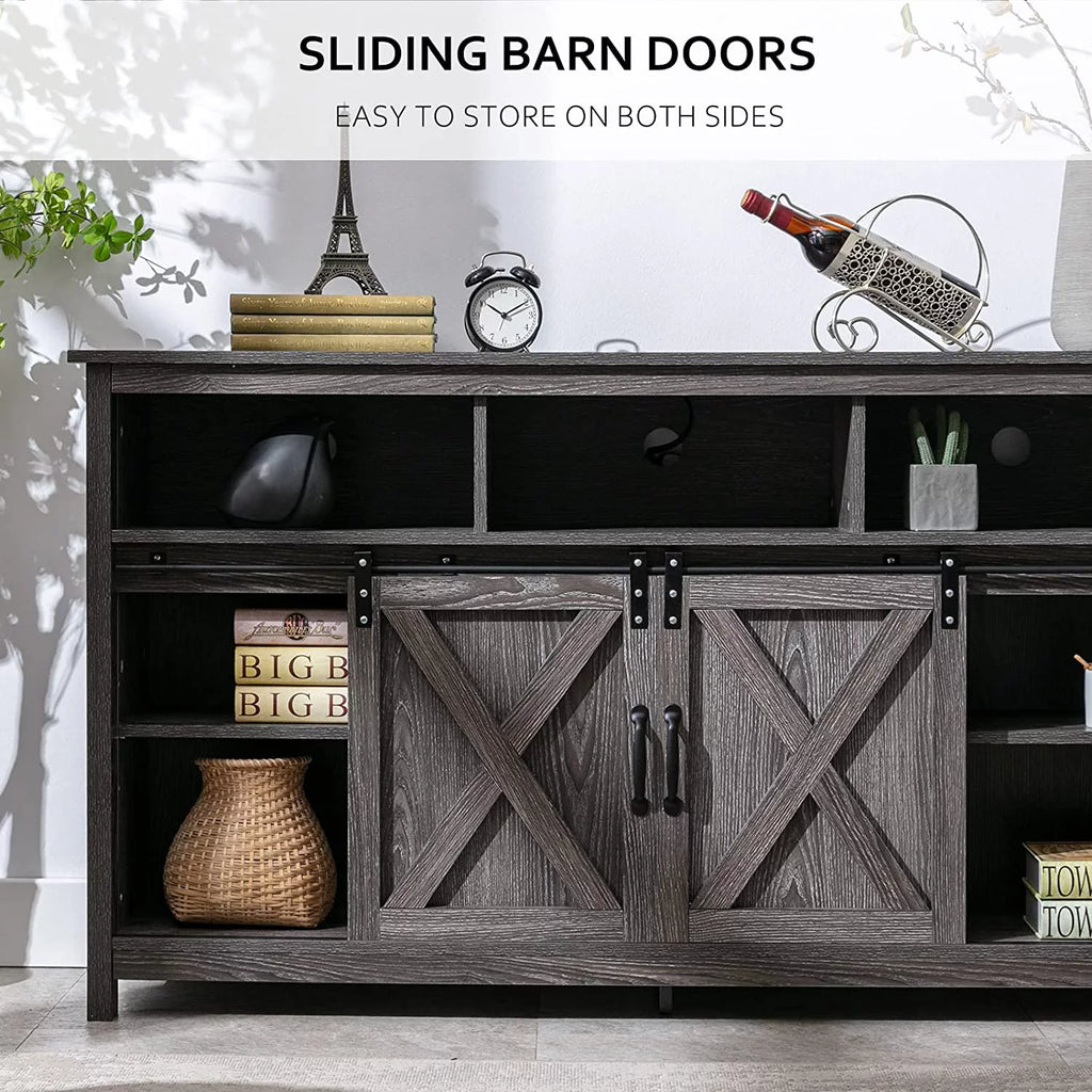 4 Layer Farmhouse Coffee Bar Cabinet With Power Outlet & LED Light, 57" Barn Door Buffet Cabinet Kitchen Storage With Adjustable Shelves(Brown)