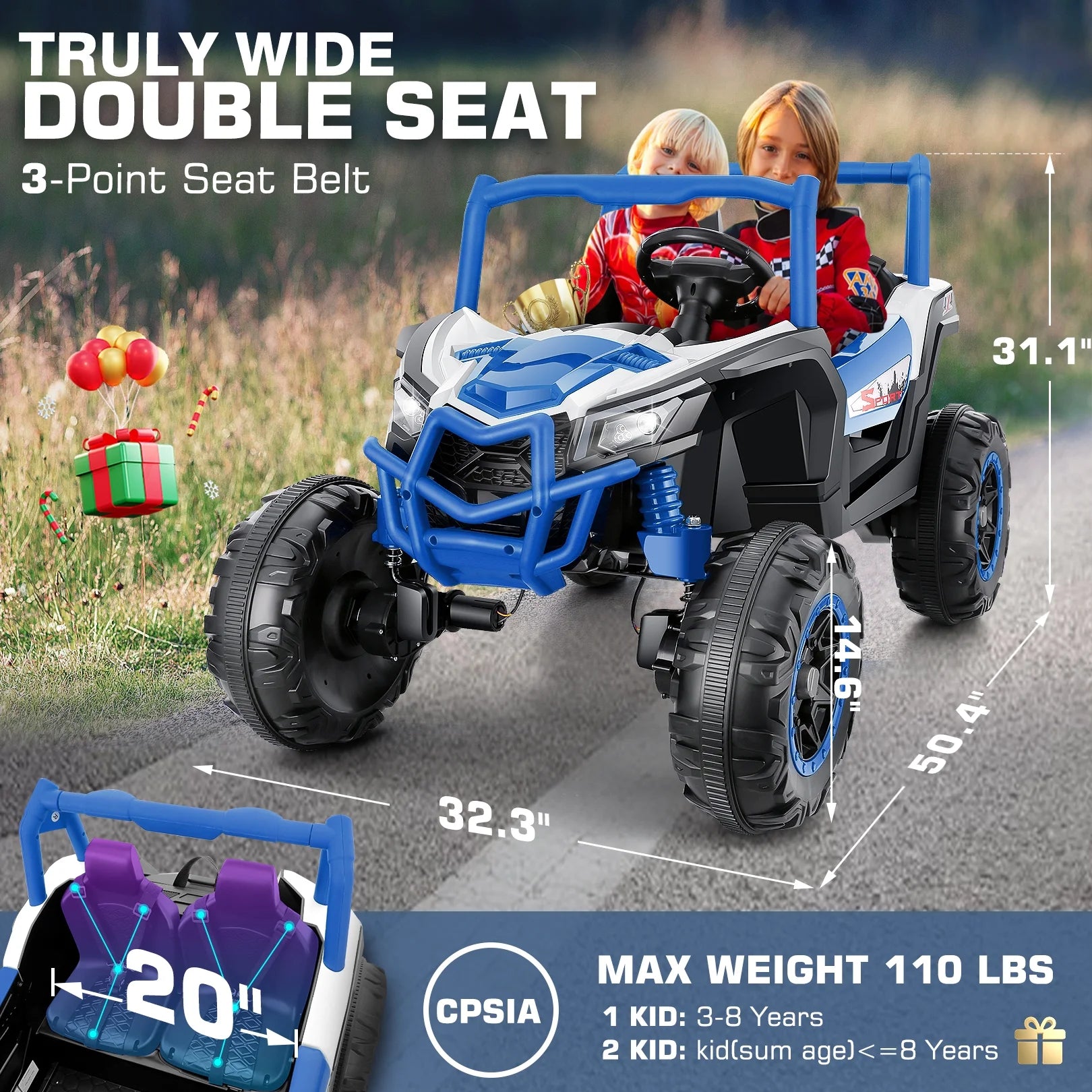 Funcid 4WD 24V Ride on Toys 2 XL Seater Kids Ride on Cars w/ Remote Control, 4*200W Motor, Electric Off-Road UTV 7AH Battery Powered 4-Wheeler Vehicle w/ Bluetooth, Music, 3-Speed, LED Light, Blue