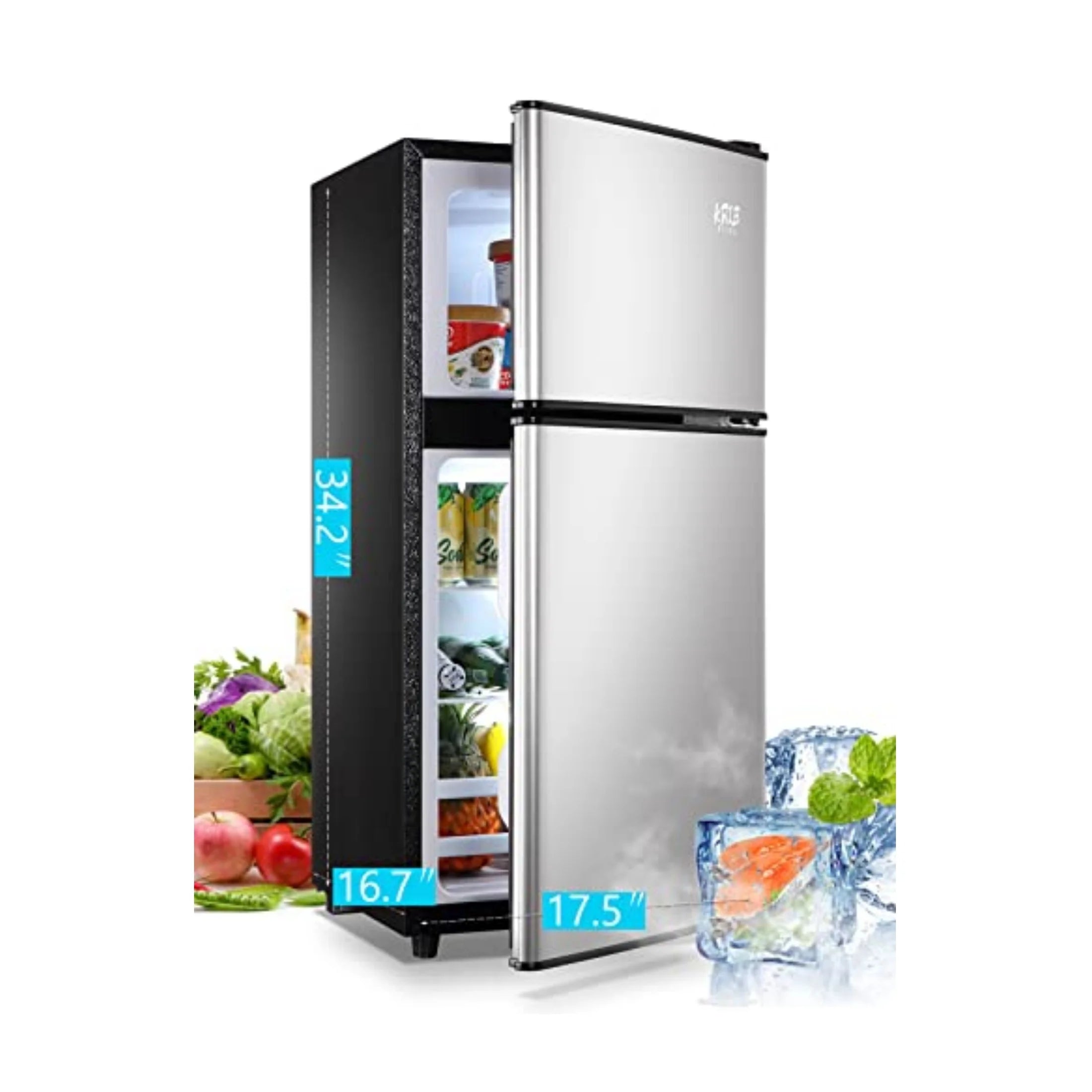 KRIB BLING 3.5 Cu.ft Compact Refrigerator Mini Fridge with Freezer, 2 Door Small Refrigerator for Office, Silver