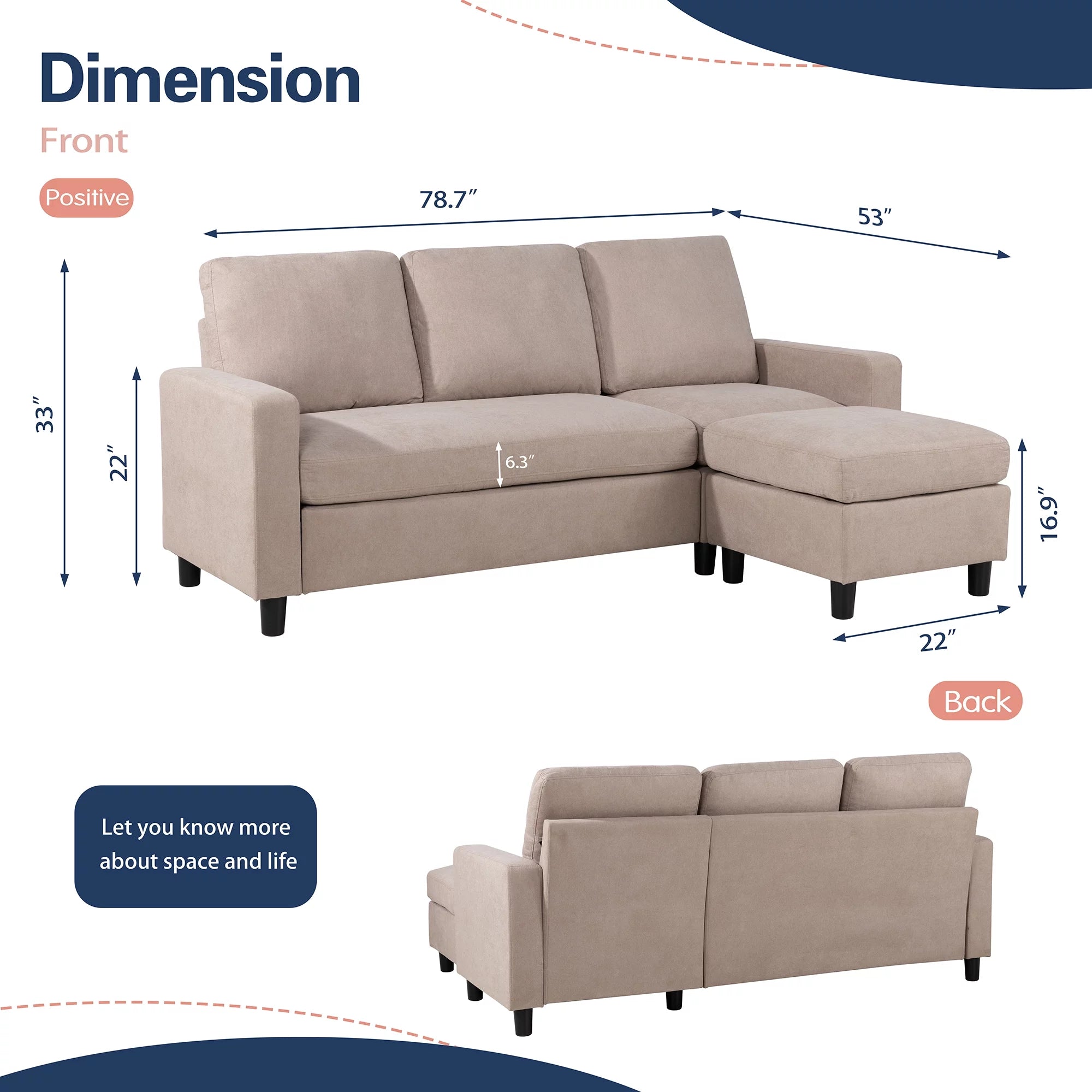 Walsunny Linen Fabric Convertible L-Shaped Sectional Sofa(Dark Gray)