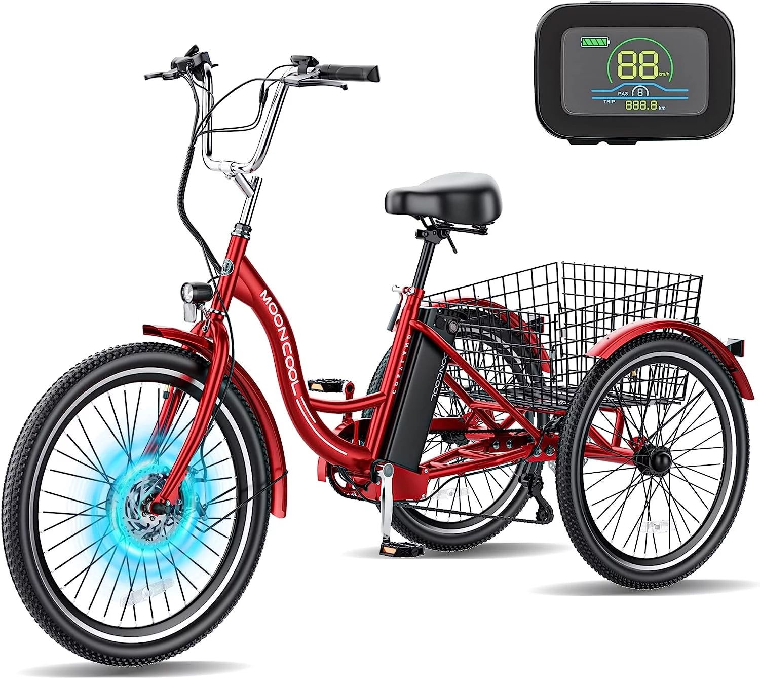 Mooncool 24" 26" 3 Wheel Electric Tricycle for Adults, 350W 36V 7 Speeds Motorized Electric Trike Three Wheel Electric Bikes Bicycle with Large Basket & Accessories for Women Men