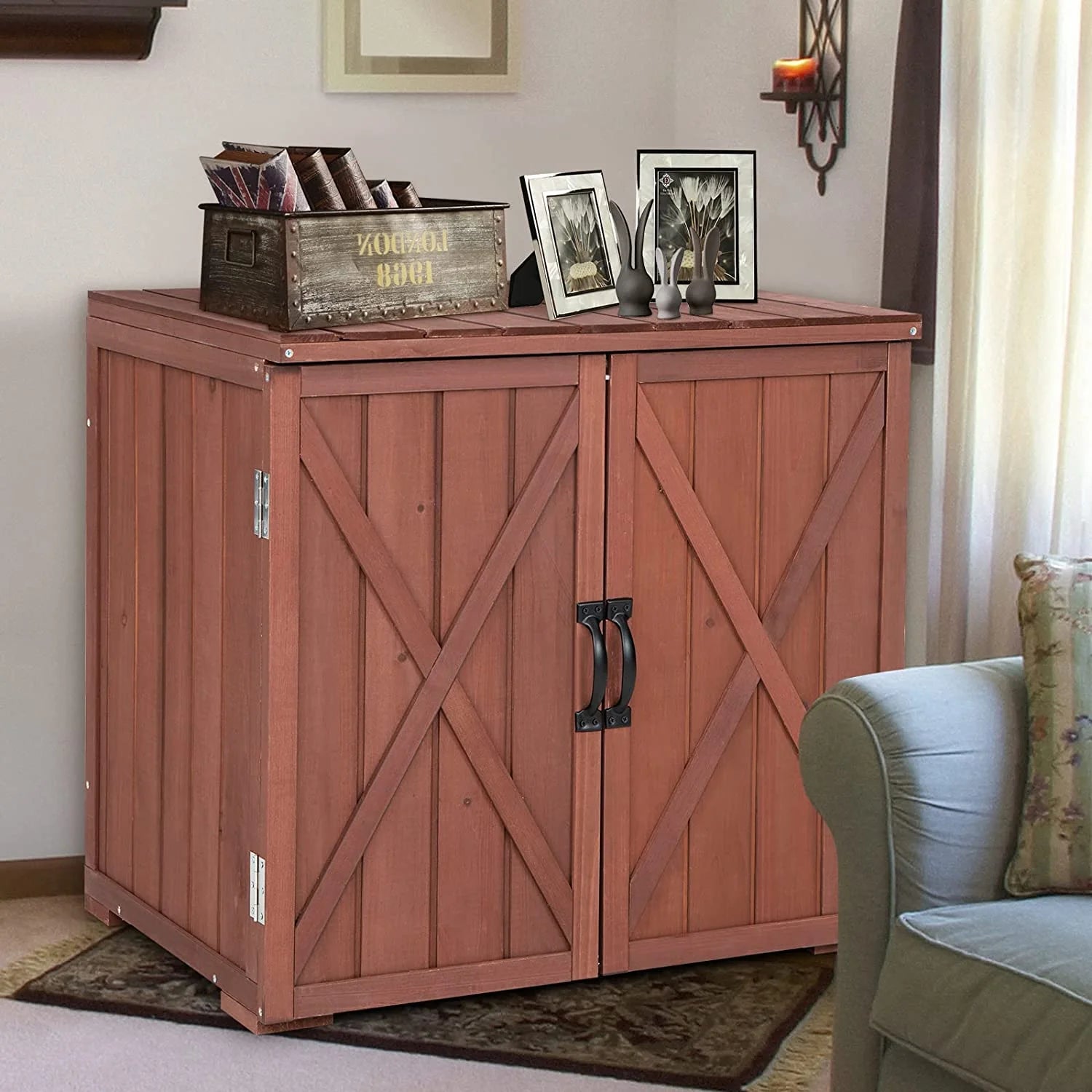 30" Outdoor Storage Box, Wooden Storage Deck Box W/Spacious Inner Space & Countertop, Tool Storage Cabinet for Backyard Garden Porch, Easy Assembly, 30" x 22" x 28.5" (Brown)