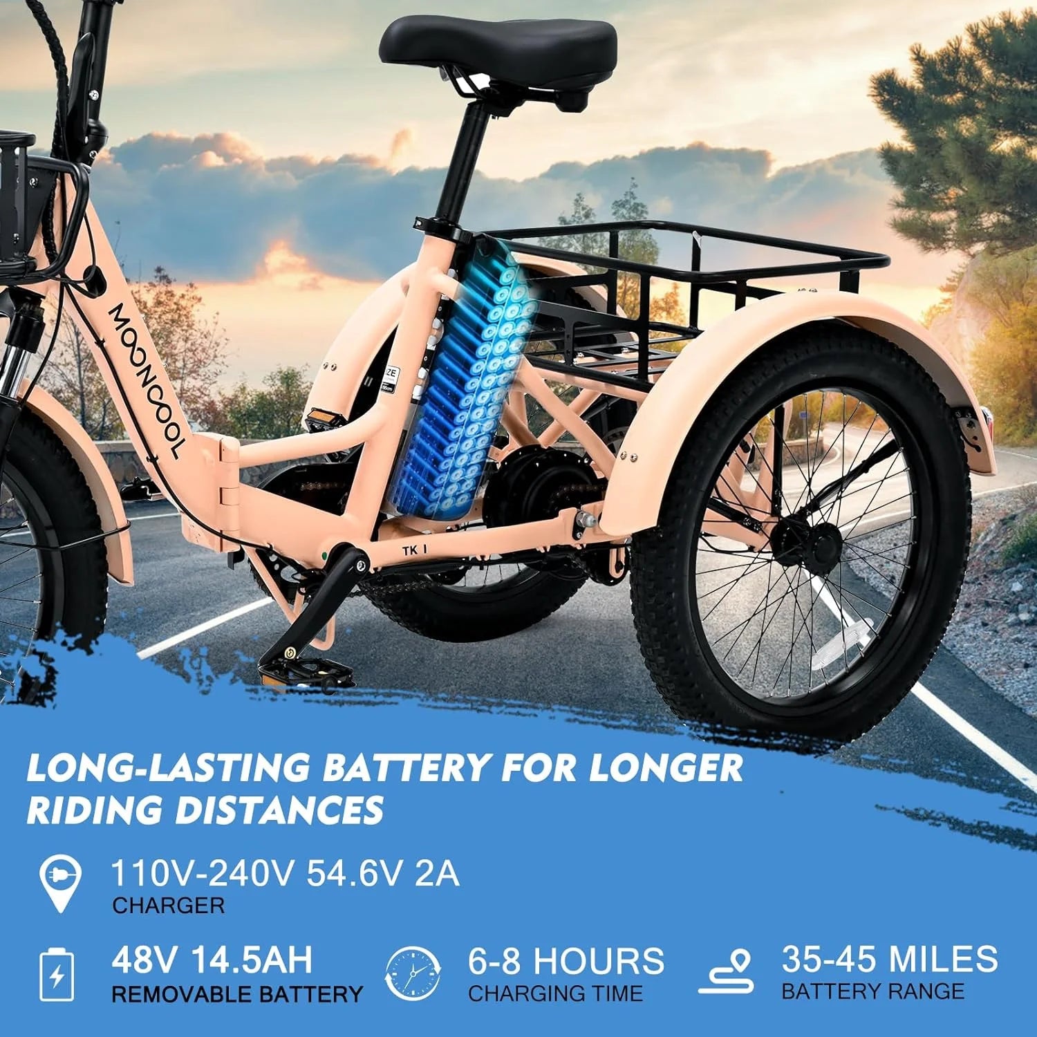 MOONCOOL 24"/26" Electric Tricycle for Adults, 350W 36V 7 Speeds Electric Trike Motorized Three Wheel Electric Bikes Bicycle with Large Basket for Women Men