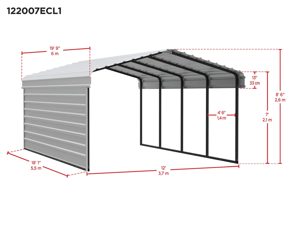 Arrow Carports Galvanized Steel Carport, with 1-Sided Enclosure, Compact Car Metal Carport Kit, 12' x 20' x 7' , Eggshell
