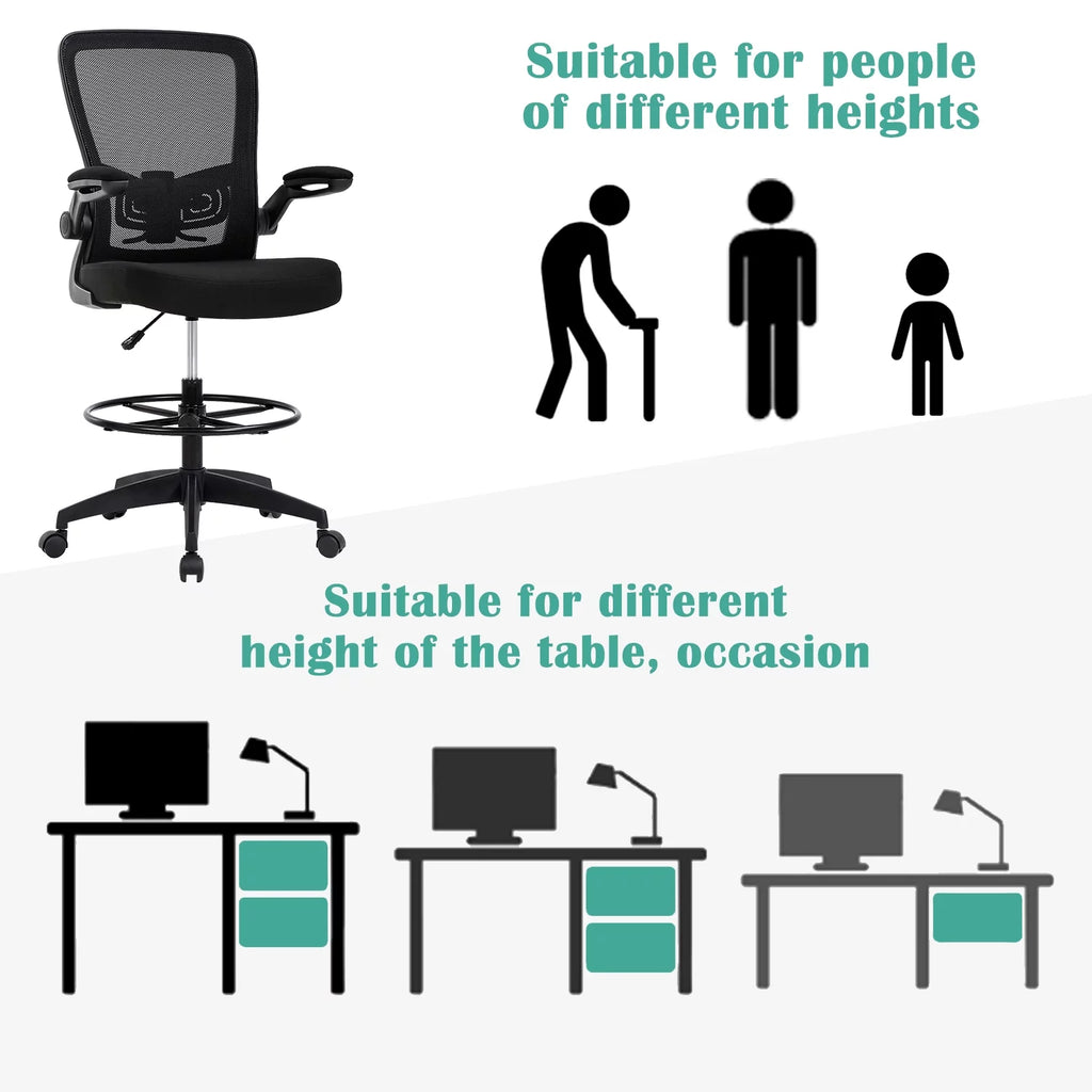 Drafting Chair for Standing Desk, Tall Office Chair with Flip-Up Arm& Foot Ring, Adjustable Height Ergonomic Mid-Back Mesh Drafting Stool, Executive Rolling Chair for Office Home, Black
