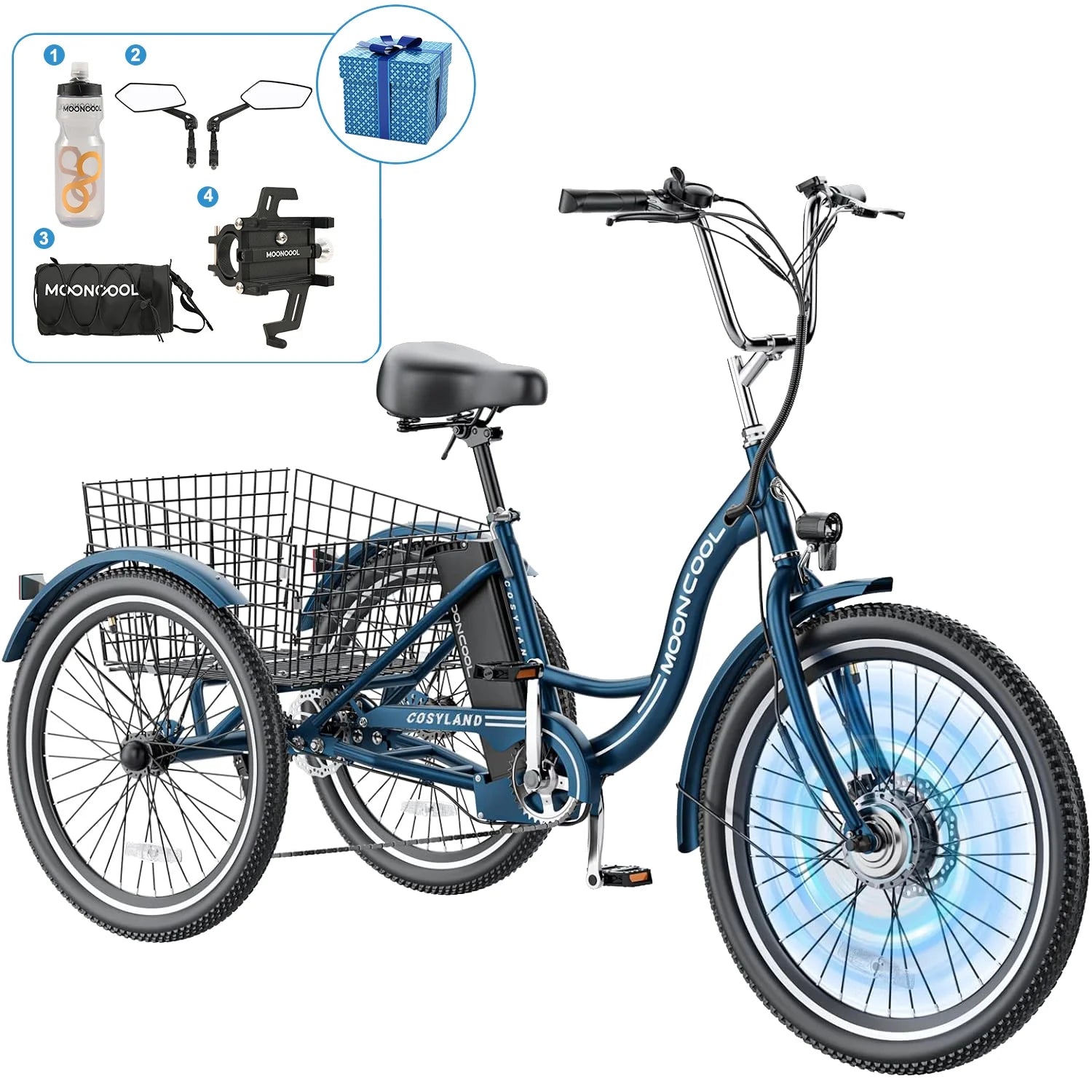Mooncool 24" 26" 3 Wheel Electric Tricycle for Adults, 350W 36V 7 Speeds Motorized Electric Trike Three Wheel Electric Bikes Bicycle with Large Basket & Accessories for Women Men