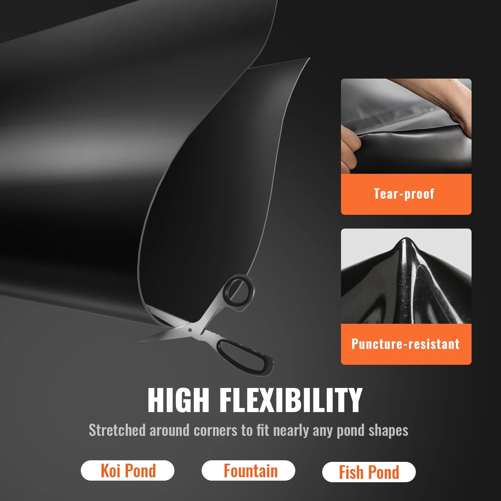 VEVOR EPDM Pond Liner, 20 x 25 ft, 45 Mil Thick, Black, Flexible Underlayment for Koi Ponds, Waterfalls, and Fountains