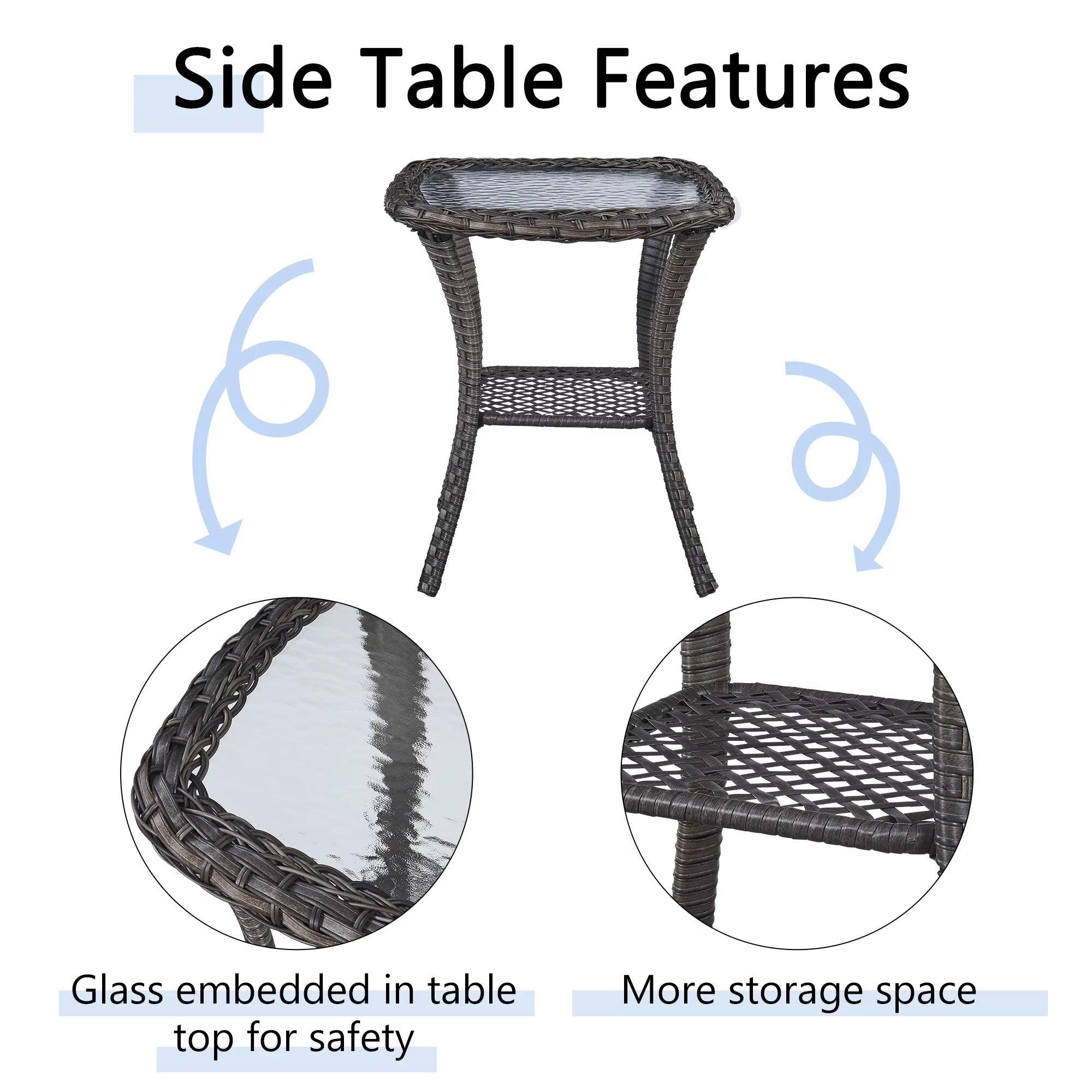 PARKWELL 3-Piece Outdoor Swivel Gliders with Side Table - Patio Wicker Bistro Furniture Set for Porch Deck Backyard - Blue Cushioned Swivel Rocking Chairs in Brown Wicker