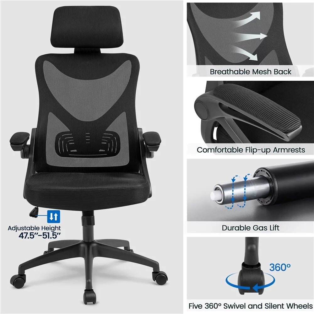 Topeakmart High Back Ergonomic Mesh Office Chair with 90° Flip-up Armrest, White/Black