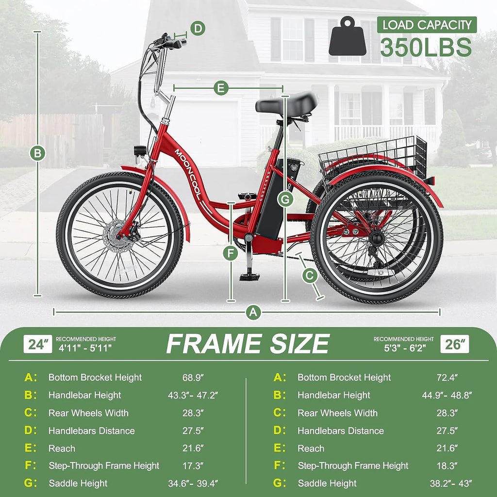 Mooncool 24" 26" 3 Wheel Electric Tricycle for Adults, 350W 36V 7 Speeds Motorized Electric Trike Three Wheel Electric Bikes Bicycle with Large Basket & Accessories for Women Men